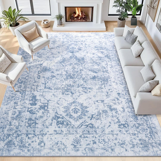 Iplusmall 6x9 Area Rugs for Living Room, Large Washable Vintage Blue Living Room Rug, Soft Non-Slip Stain Resistant Throw Carpets for Dining Room Bedroom Office Farmhouse Home Decor, Blue