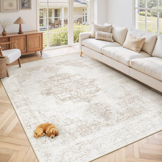 6X9 Area Rugs for Living Room, Washable Rugs Beige Vintage Medallion Non-Slip Soft Low Pile Rug Large Indoor Retro Carpet for Bedroom Dining Room Home Office Nursery Room(Beige,6'x9')
