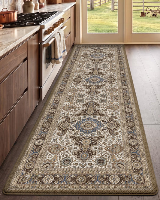 LUMI Kitchen Mat Anti Fatigue Cushioned, Memory Foam Padded Standing PVC Rug Washable, Non Slip Comfort Floor Runner for Home, Sink, Laundry, Office, 24"x87", Ivory Brown