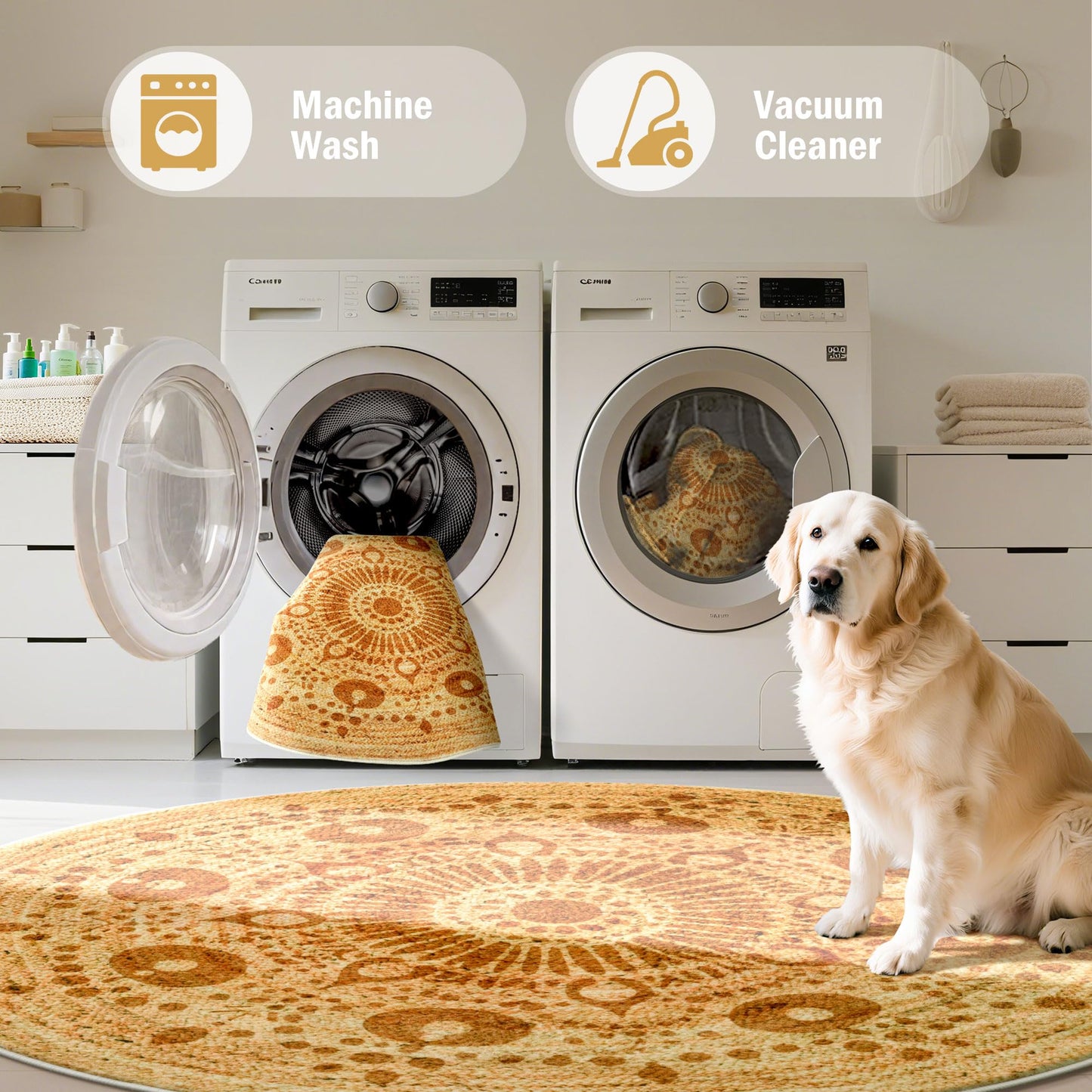 Carvapet 3ft Small Round Accent Rug - Smooth Flat Printed Faux Jute Circle Carpet, 36-Inch Low Pile Washable Skid-Resistant Floor Mat for Indoor Plant Pot Vanity Stool Pet Corner Entryway Bedside