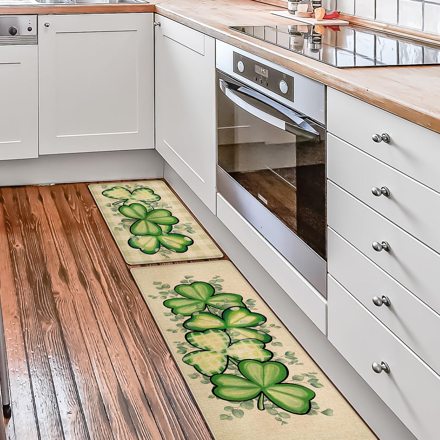 St Patricks Day Kitchen Decor Mats Set of 2, Non-Slip Absorbent Rug and Door Mats, Lucky Green Shamrock Clover Kitchen Floor Mat 17x29 and 17x47 Inch DM128