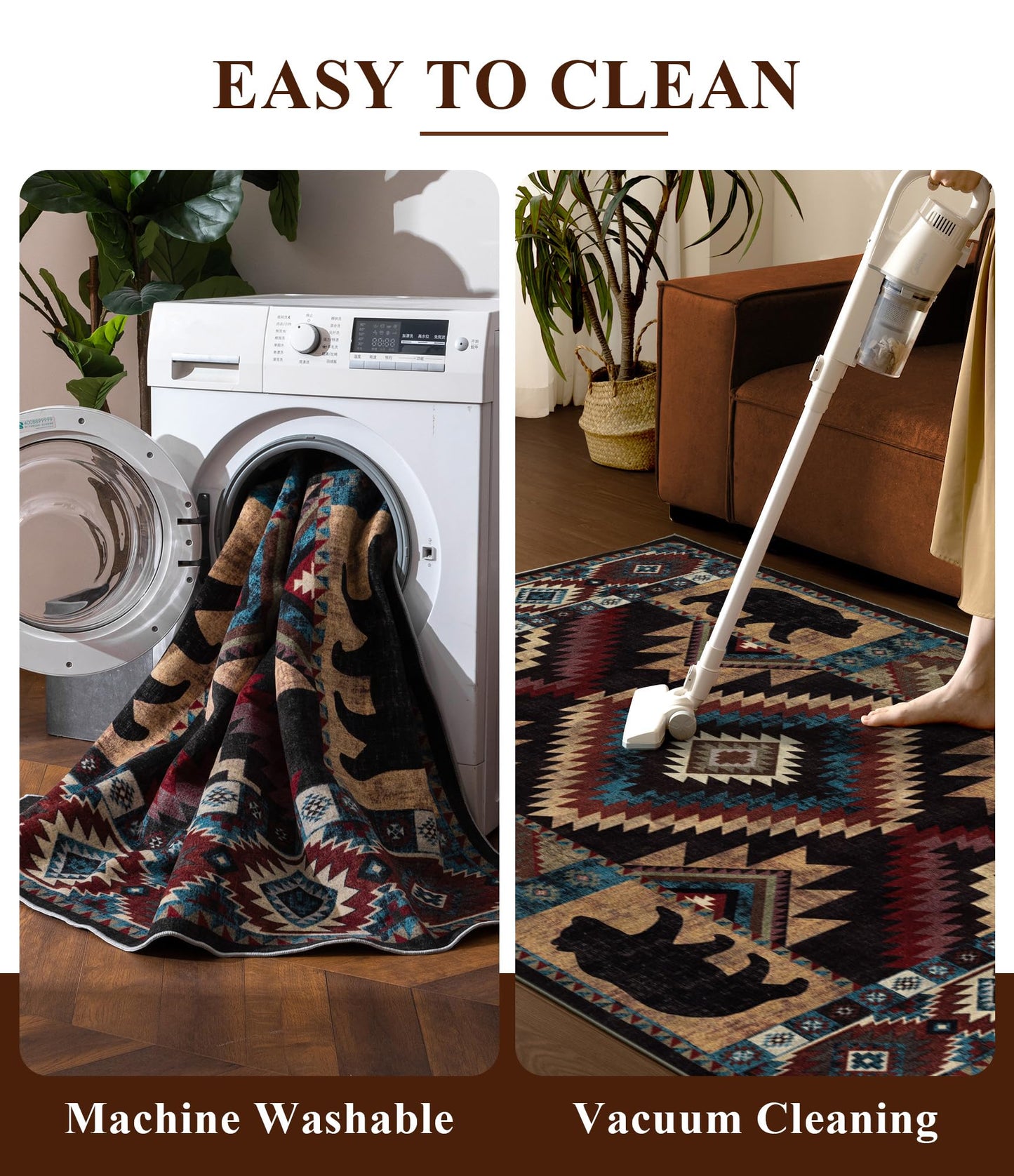 YIHOUSE Rustic Cabin Area Rug for Bedroom 5x7,Machine Washable Lodge Bear Rug,Non-Slip Low Pile Print Pattern Western Rug for Living Room