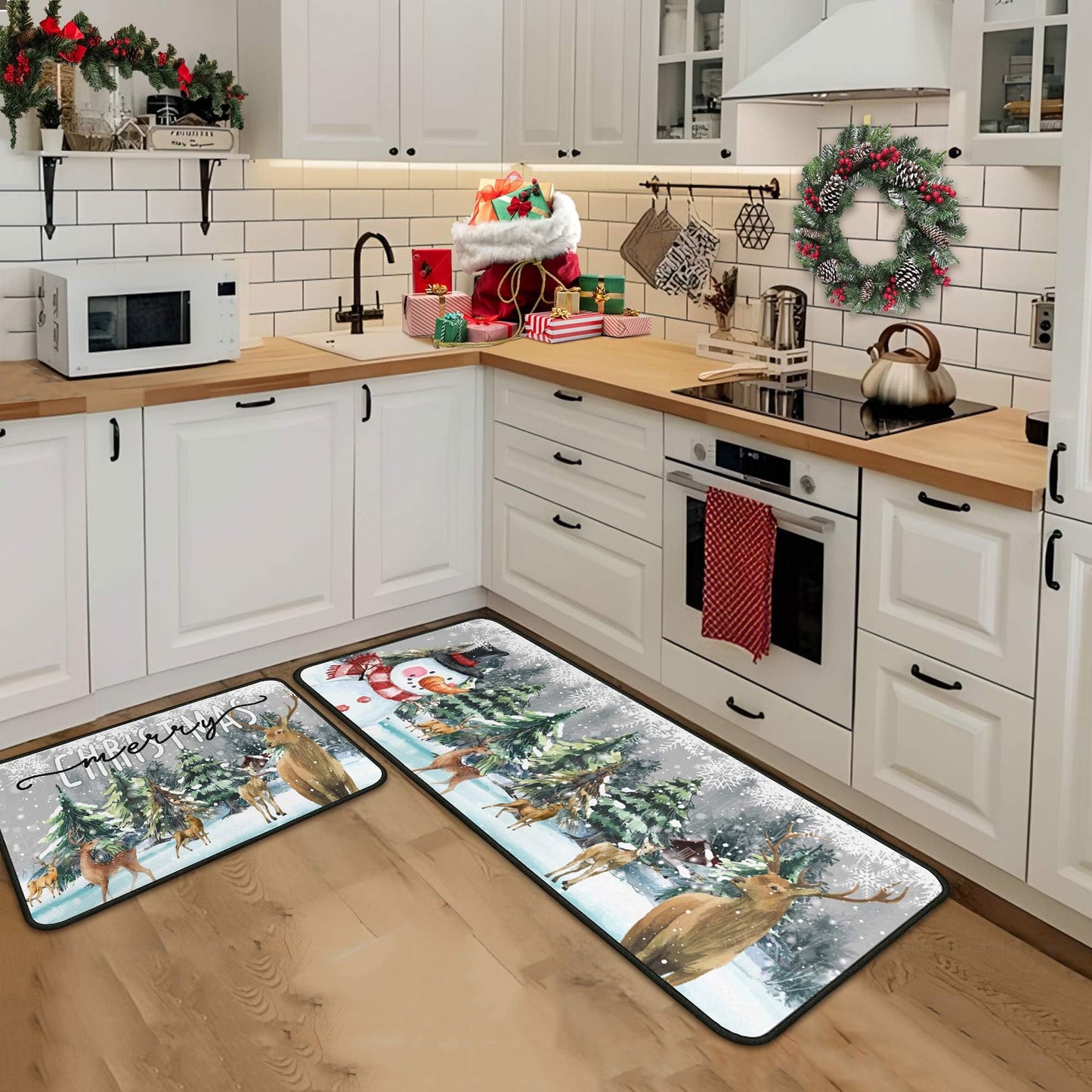 Christmas Kitchen Rugs and Mats Set of 2, Xmas Decor Non Slip Backing Xmas Trees Rug Winter Holiday Kitchen Rug Christmas Decorations for Home Low-Profile Kitchen Floor Mat 17"X47"+17"X30"