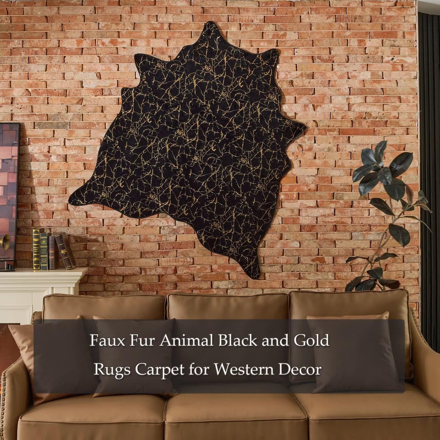 Premium Faux Fur Cowhide Rug,Large Carpet Non-Slip Cow Print Rugs,Suitable for Bedroom Living Room Western Decor,Faux Fur Animal Cow Hide Carpet-Black and Gold-6.3 * 9FT(75 * 110inch)