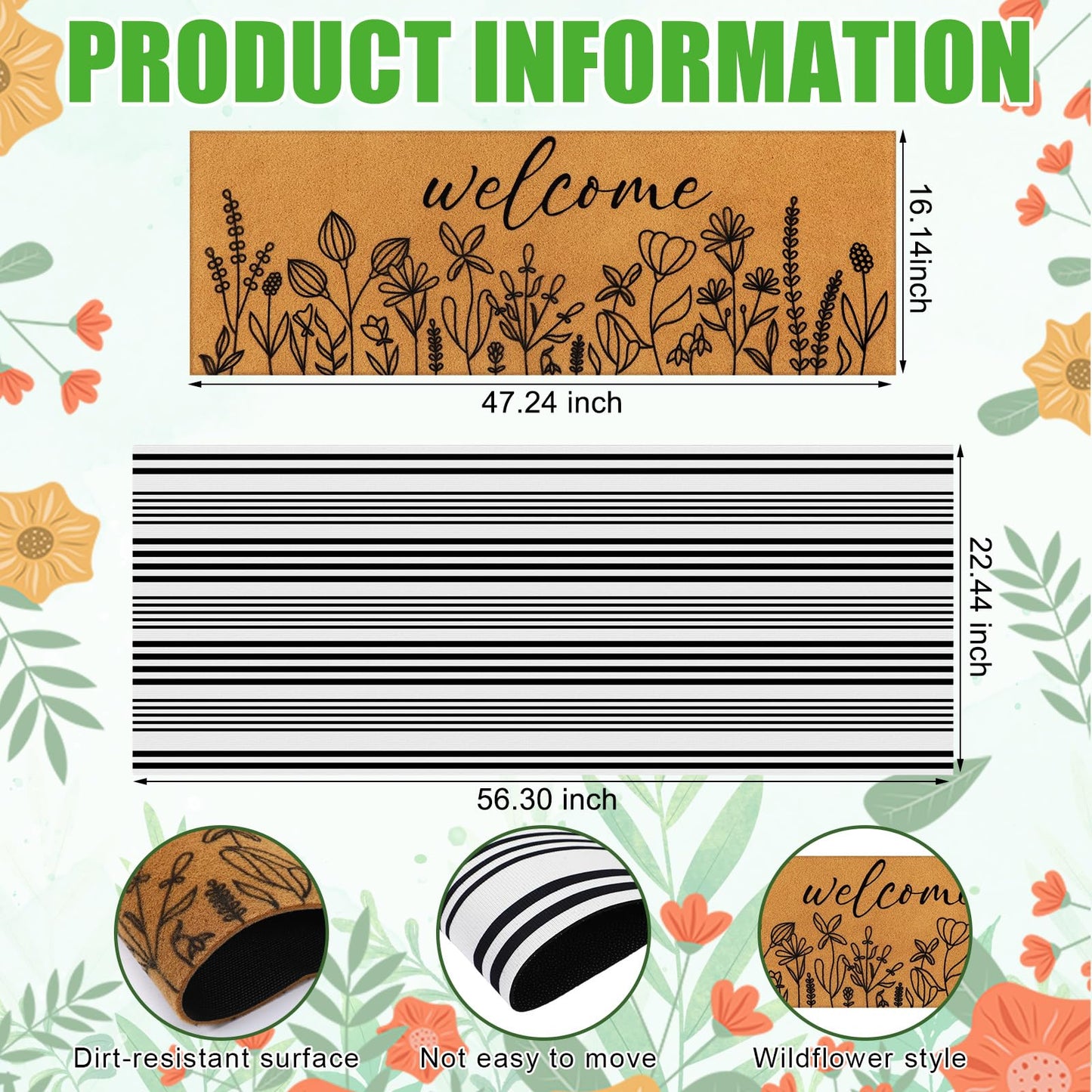 Tinideya 2 Pcs Summer Door Mat 17"x47" Wildflowers Welcome Non Slip Spring Coir Mats Black White Plaid Large Floor Layering Flowers Doormats for Front Porch Entryway Decor