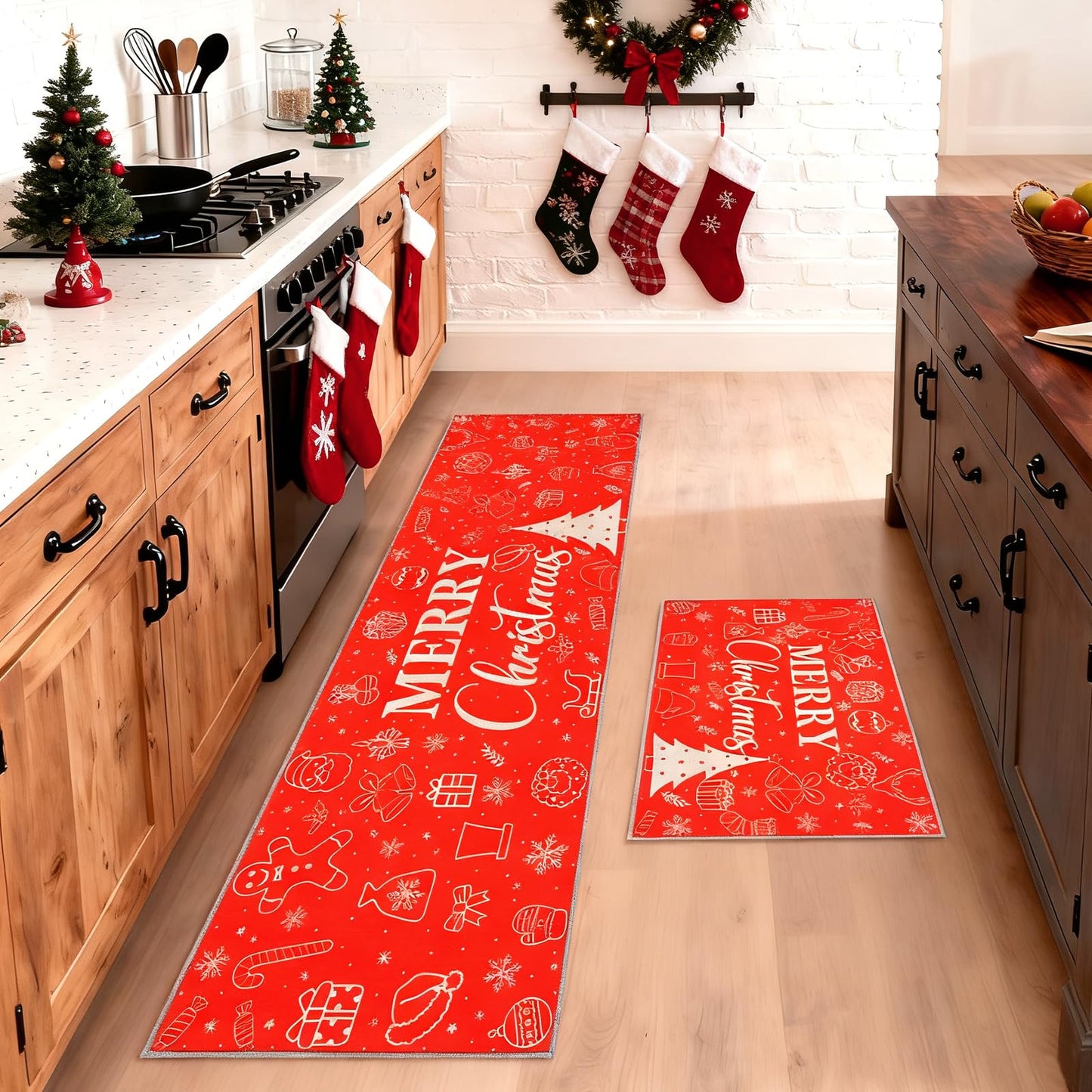 2 Pieces Red Merry Christmas Kitchen Rugs Set, Non Slip Kitchen Floor Mat with Xmas Tree Snowflake Decor Christmas Kitchen Mats Home Low-profile Washable Rugs for Kitchen Bathroom Sink Laundry