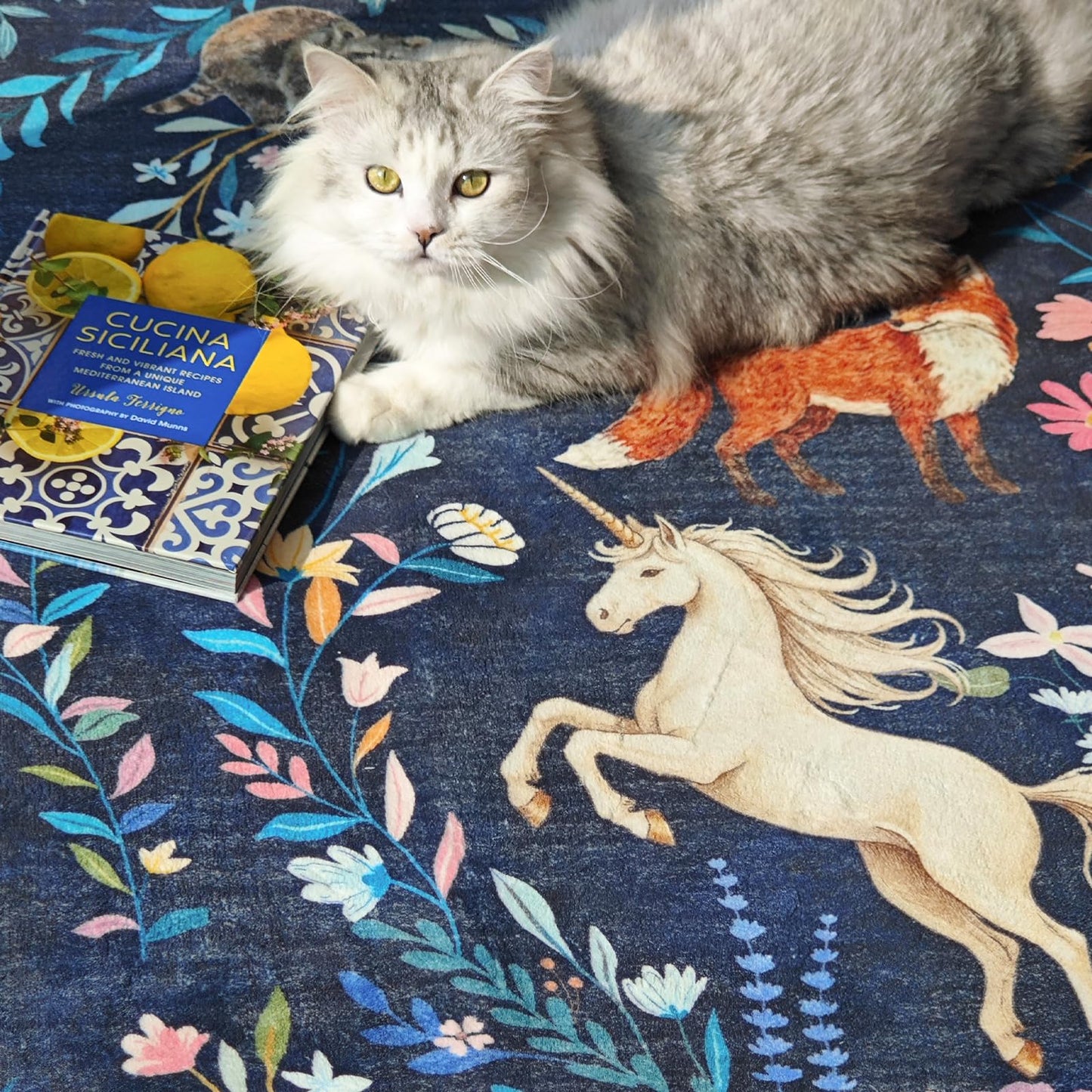 jinchan Moonrise Area Rug 5x7 Kids Room Rug Washable Unicorn Rug Soft Non-Slip Low Pile Fairytale Woodland Animals Floral Carpet for Classroom Nursery Playroom Bedroom Living Room Midnight Navy Blue