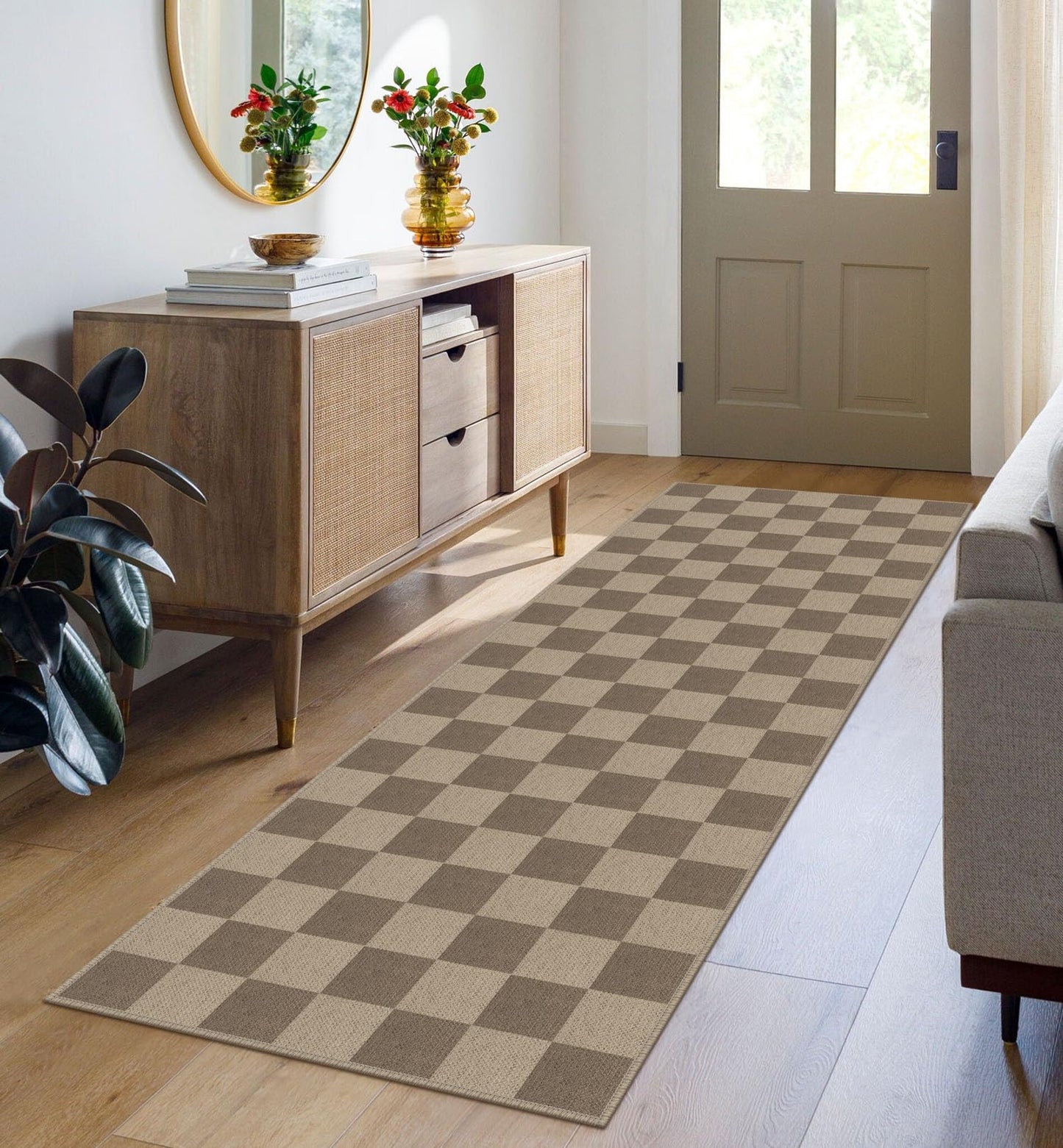 Rugalia Easy Jute Checkered Runner Rug, 2x6 Brown Modern Washable Rugs Runner for Hallway Non-Slip Kitchen Runner Rug, Farmhouse Checkerboard Indoor Outdoor Carpet for Porch Laundry Entryway