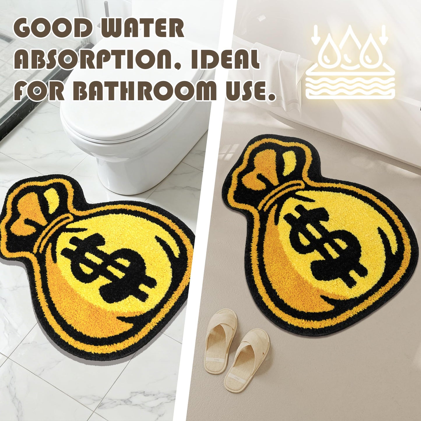 Didswuit Black-Gold Pouch Purse Tufted Rug, Cartoon Lucky Money Bag Print Carpet, Funky Golden Money Bag Bath Mat, 19.7"x15.8" Soft Bedroom Living Room Doormat Decor Floor Mat Washable