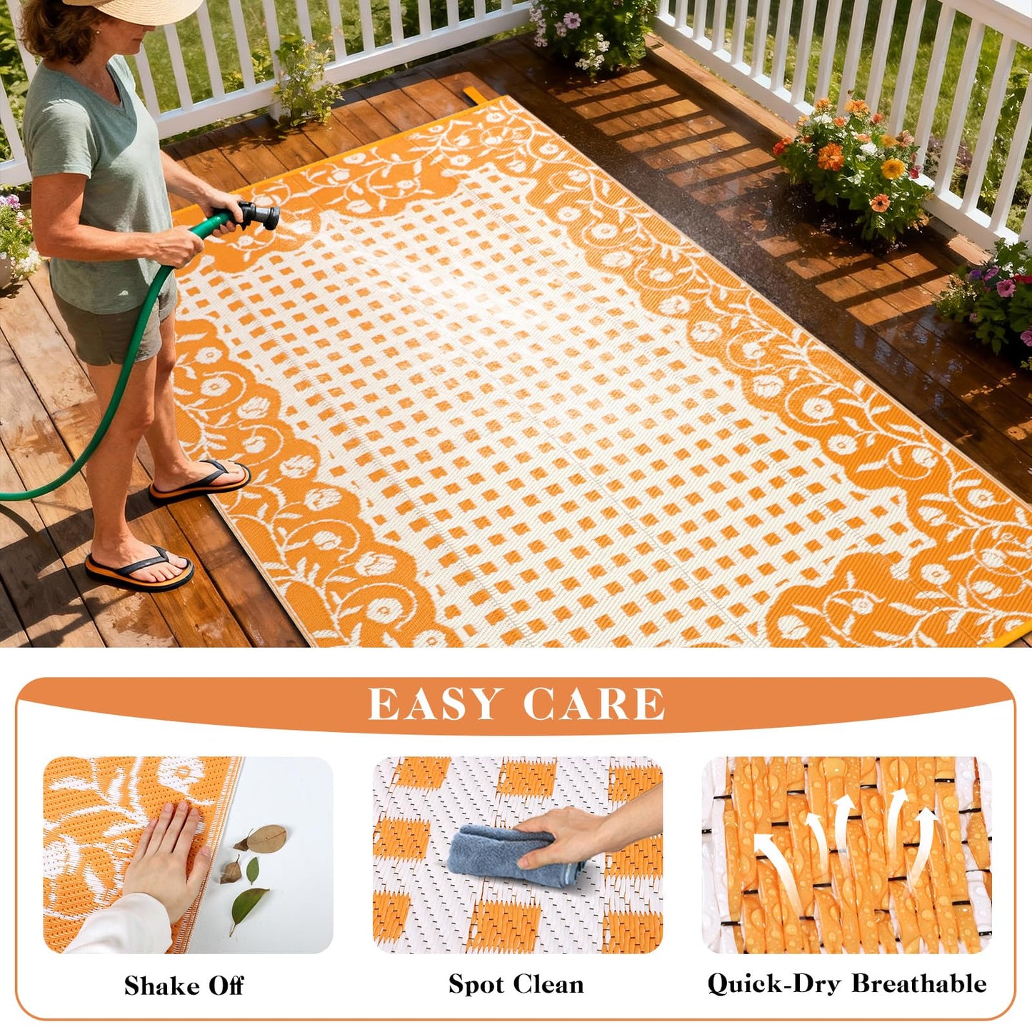 nesrt Waterproof Outdoor Rug 5x8ft, Reversible Plastic Straw Patio Mats, Portable Floral Camping Rug, Indoor Foldable RV Carpet Mat for Deck Porch Balcony Backyard Picnic (Orange/White)