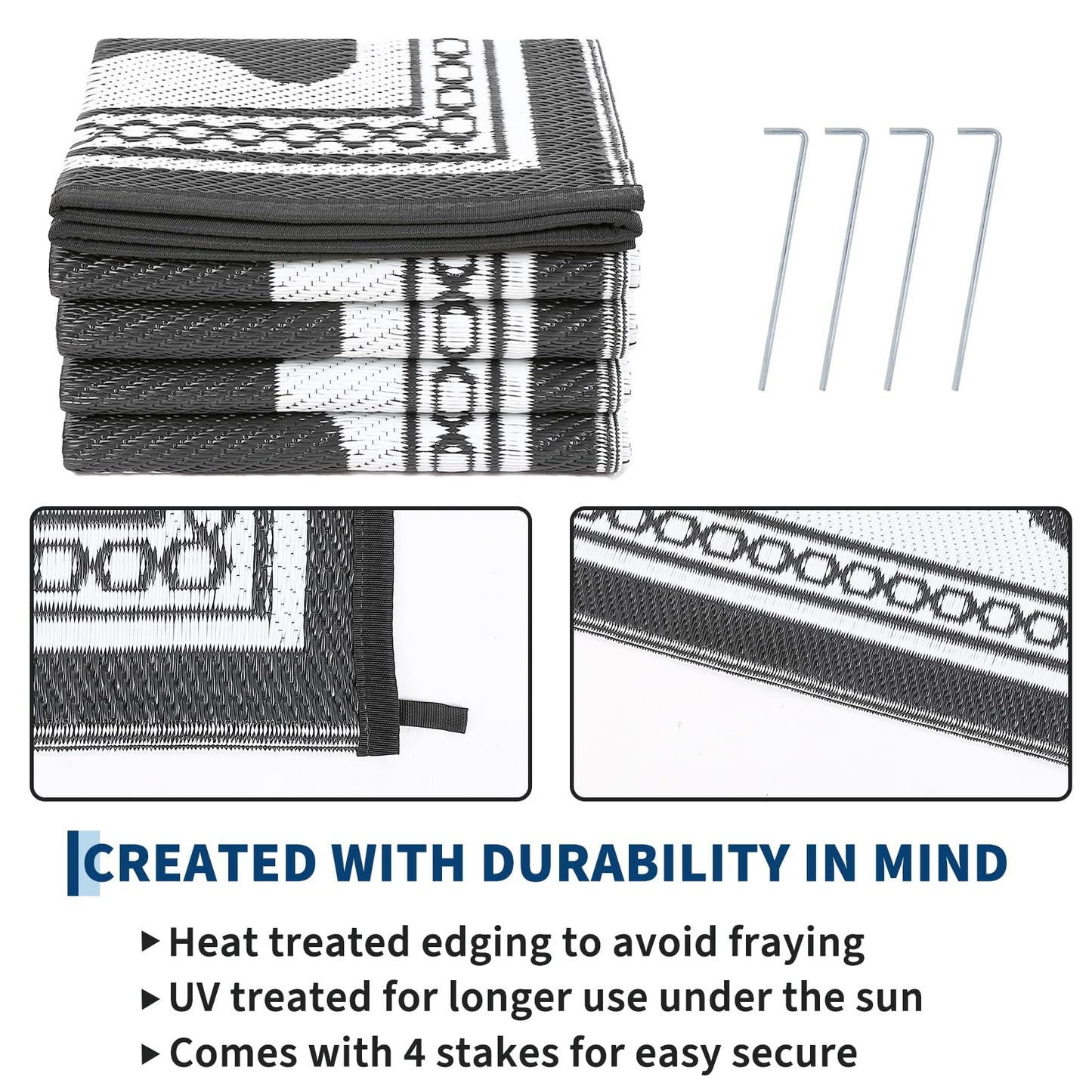 Garvee Outdoor Rug 5x8 Scalloped Waterproof Patio RV Outdoor Rugs Reversible Foldable Plastic Straw Rug Modern Camping Carpet for Deck Camper Porch Balcony Backyard Picnic Beach Grey