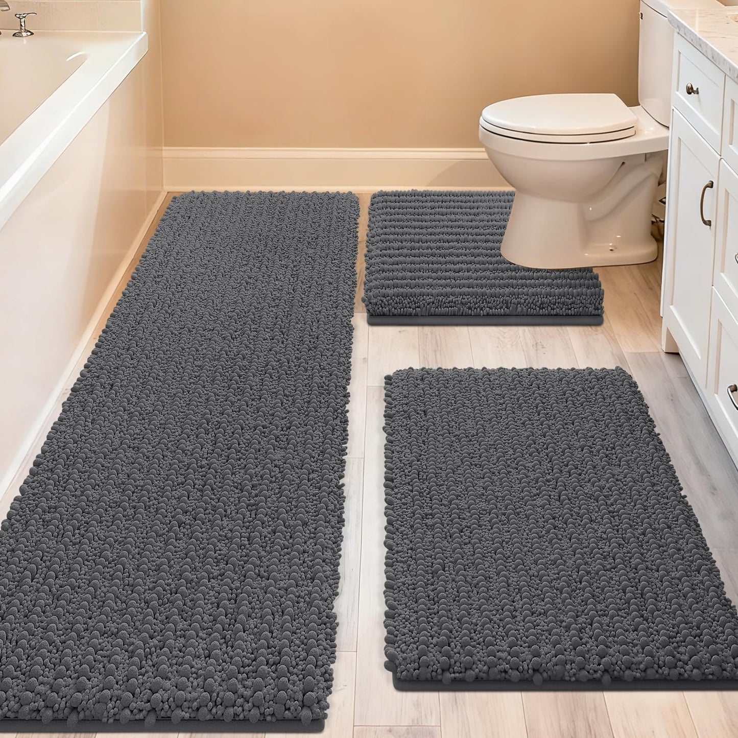 ACCUMTEK Upgrade Extra Large Grey Bathroom Rug Set 3 Pieces Gray Ultra Soft, Thick Absorbent Bath Mats, Non Slip Chenille Toilet Mat for Bathroom, Bedroom, Kitchen, Charcoal