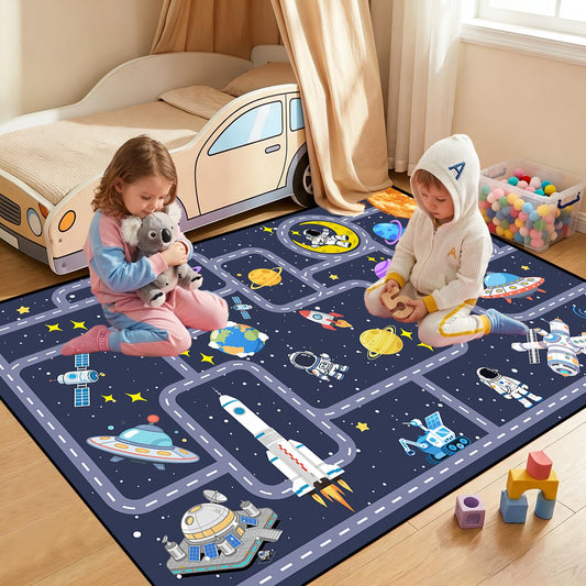 FTBNIQWRHN Outer Space Rug for Boys Room 2.5x4 Feet, Non-Slip Kids Rug with Roads and Tracks, Solar System Planet Play Mat, Galaxy Area Rugs for Bedroom, Playroom, Educational Floor Carpet