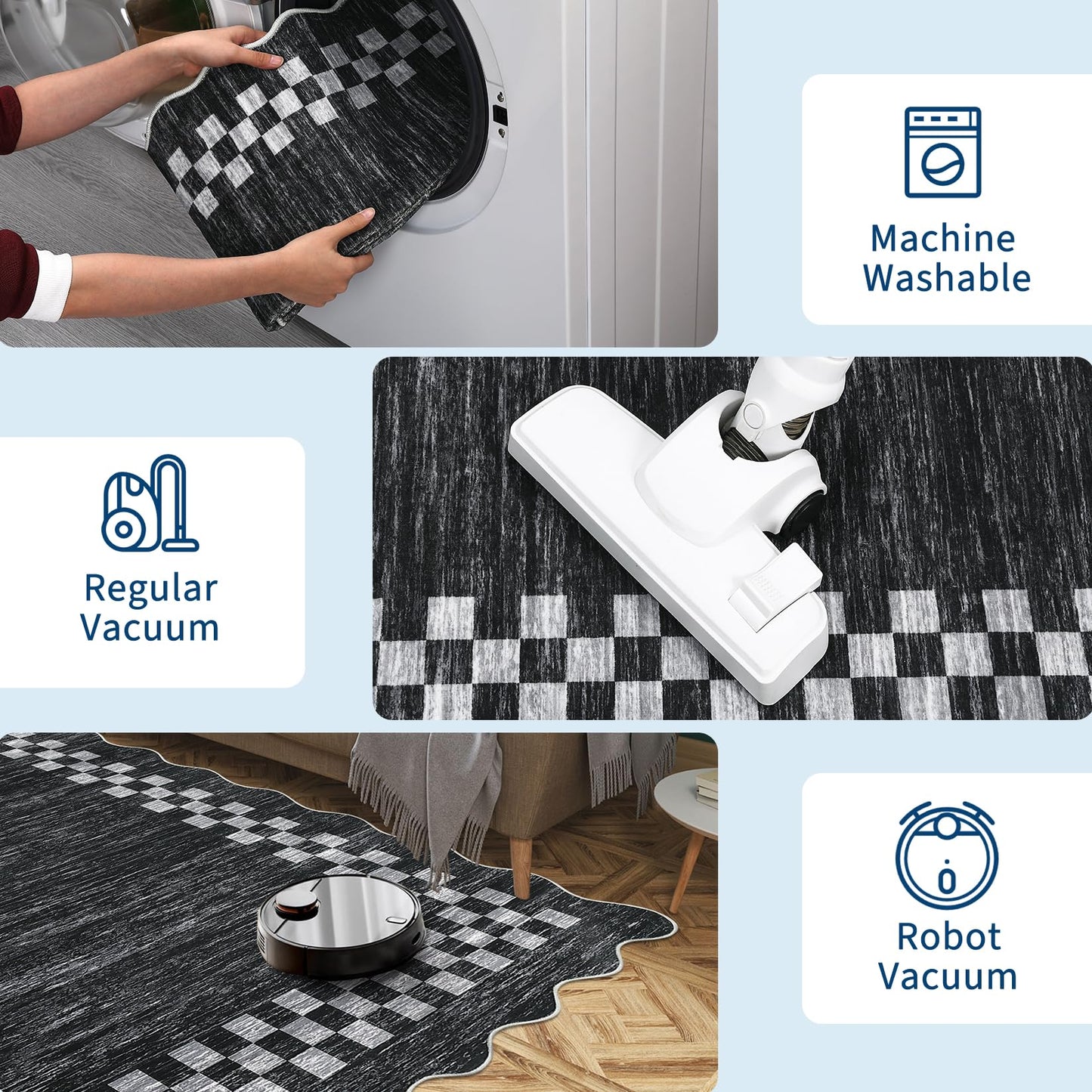 Small Area Rug 2x3 Modern Checkered Entry Rug Solid Color Scalloped Kitchen Rugs Washable Bedroom Doormat Non Slip Stain Resistant Bordered Throw Carpet for Living Room Nursery Laundry, Grey