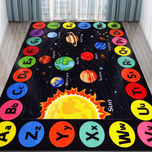 AKASISRUG Kids Rug Outer Space Carpet for Playroom, ABC Educational Learning Area Rug, Non-Slip Solar System Road Play Play Rug for Kids Bedrooms, Classroom, Room Decor (Black, 78.7X59 INCH)