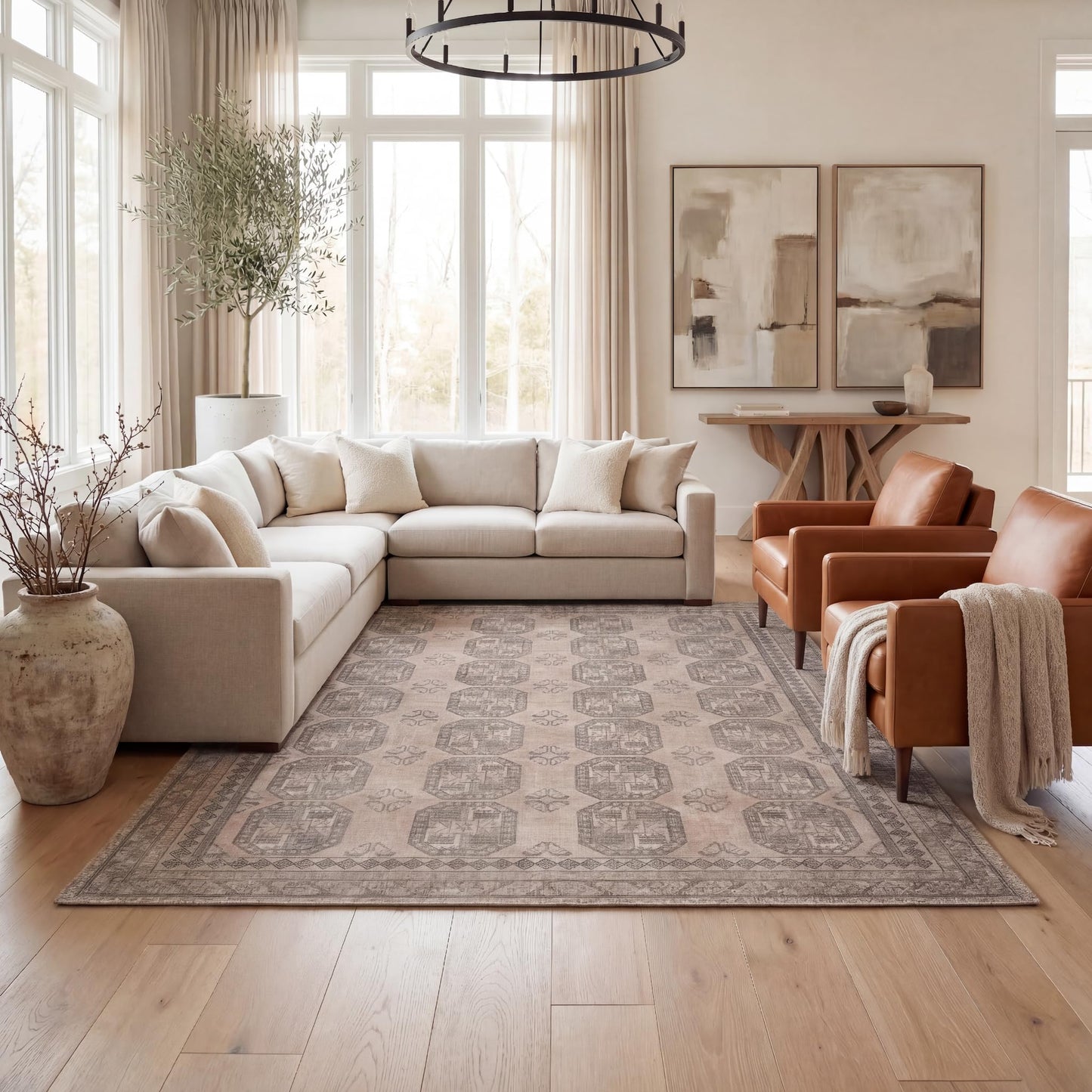 Kuden 9x12 Large Area Rug, Machine Washable Area Rug with Non-Slip Backing, Vintage Style, Soft, Easy Clean, Low Pile Rug for Living Room, Bedroom, Dining Room