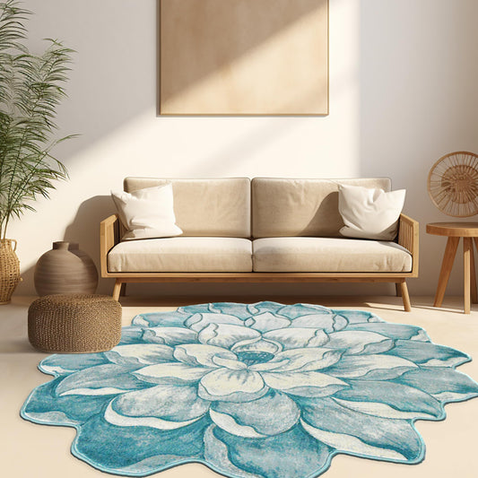 Flower Rug 2ft Round Area Rugs Cute Plush Flower Shaped Rug Circle Girly for Bedroom Floor Living Room Carpet 301 Blue