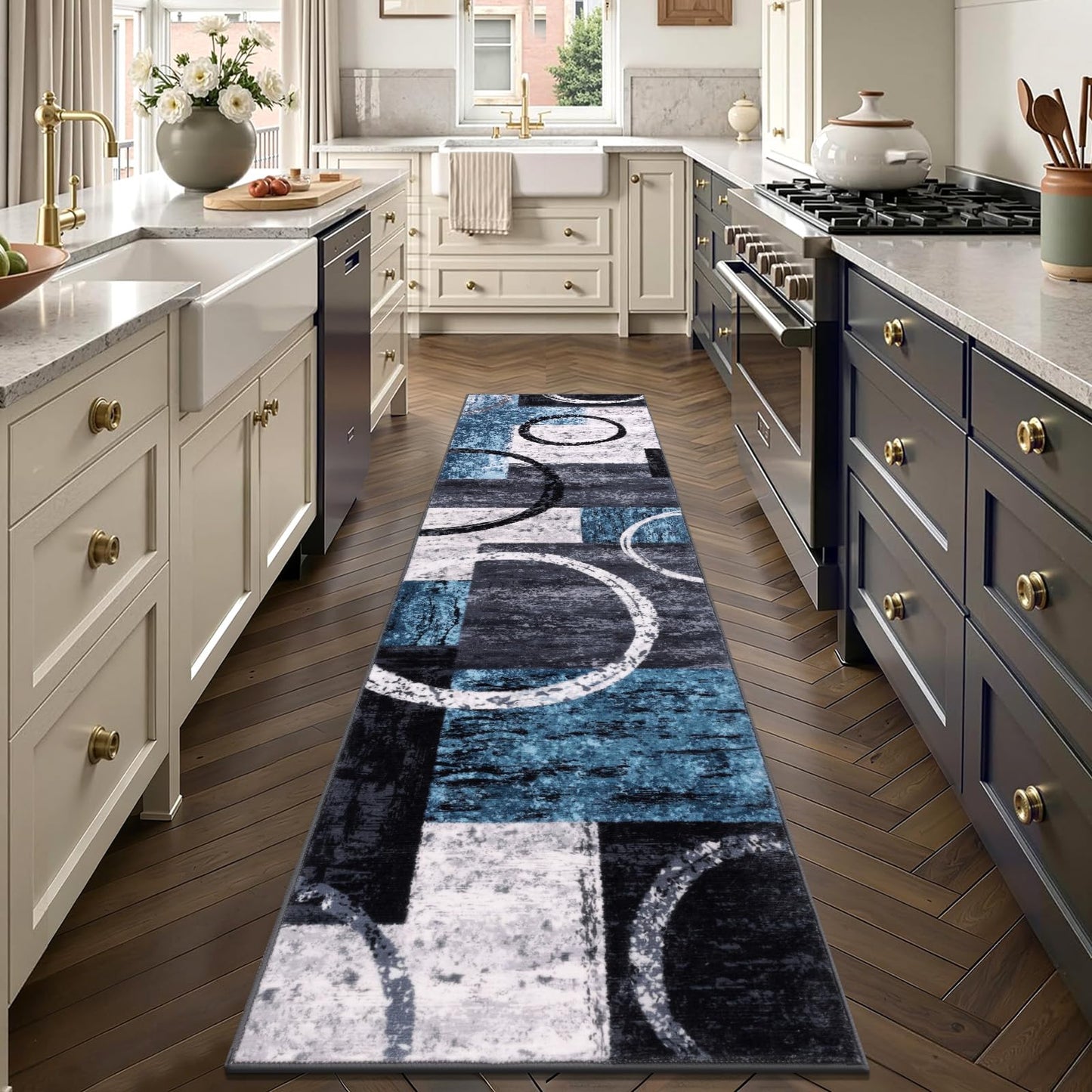Yamaziot Modern Abstract Runner Rug, Ultra Soft 2x8 Washable Rug with Non-Slip Backing, Low Pile Patchwork Throw Carpet for Hallway, Entryway, Kitchen, Bedroom (Blue, Geometric Circle)