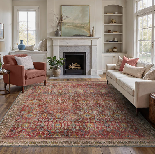 BESBLEE 8X10 Area Rugs Machine Washable Rugs for Living Room, Vintage Boho Large Rugs for Bedroom Dining Room, Non Slip Indoor Soft Distressed Lightweight Thin Low Pile Carpet, Rust Red