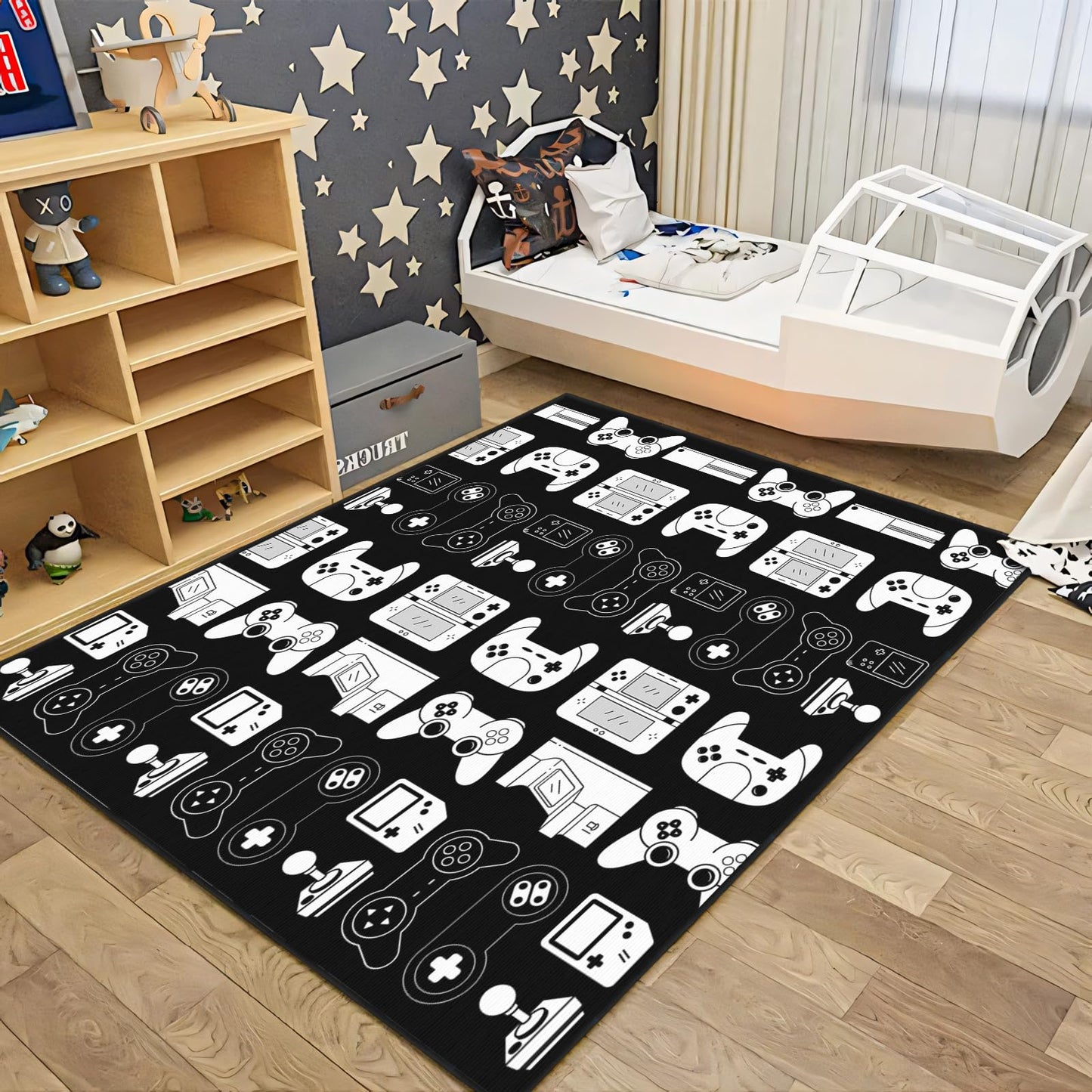 Auetwyona Gamer Rug for Boys Room Area Rugs 3x5 ft Black and White Gaming Rug for Gaming Room Decor Video Game Area Carpet for Teen Boys Bedroom, Kids Playroom, College Dorm,Men's Game Room