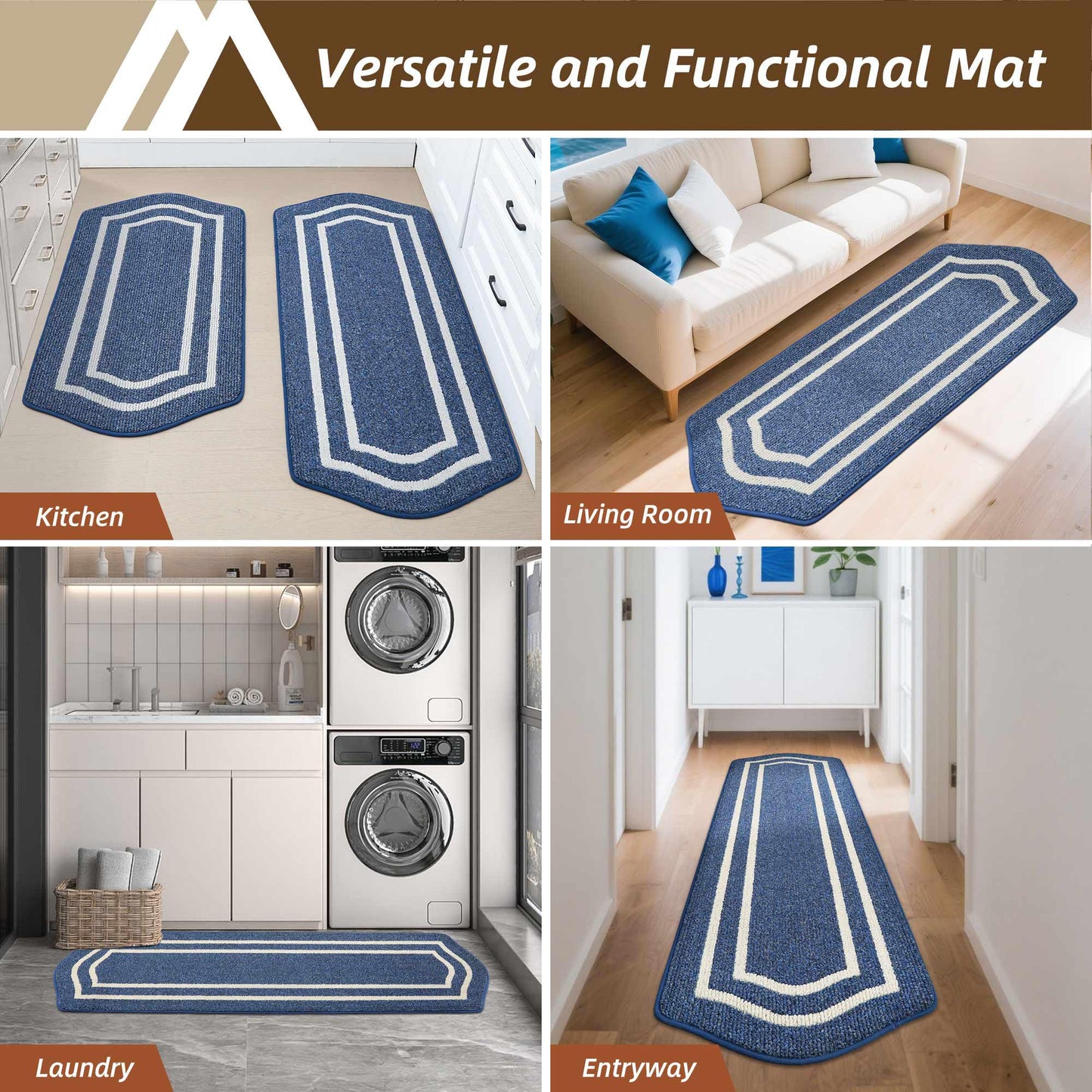 COSY HOMEER Long Kitchen Floor Mats for in Front of Sink Super Absorbent Kitchen Rugs and Mats 24"x79" Non-Skid Kitchen Mat Standing Mat Washable,Polypropylene,Blue,Frame