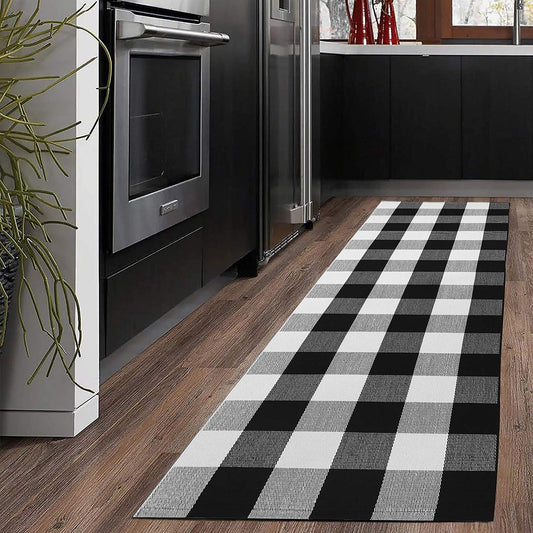 KaHouen Buffalo Check Runner Rug (24 x 71 Inches),Hand-Woven Buffalo Plaid Runner Rugs, Black and White Checkered Outdoor Rugs for Kitchen/Living Room/Bathroom/Laundry Room