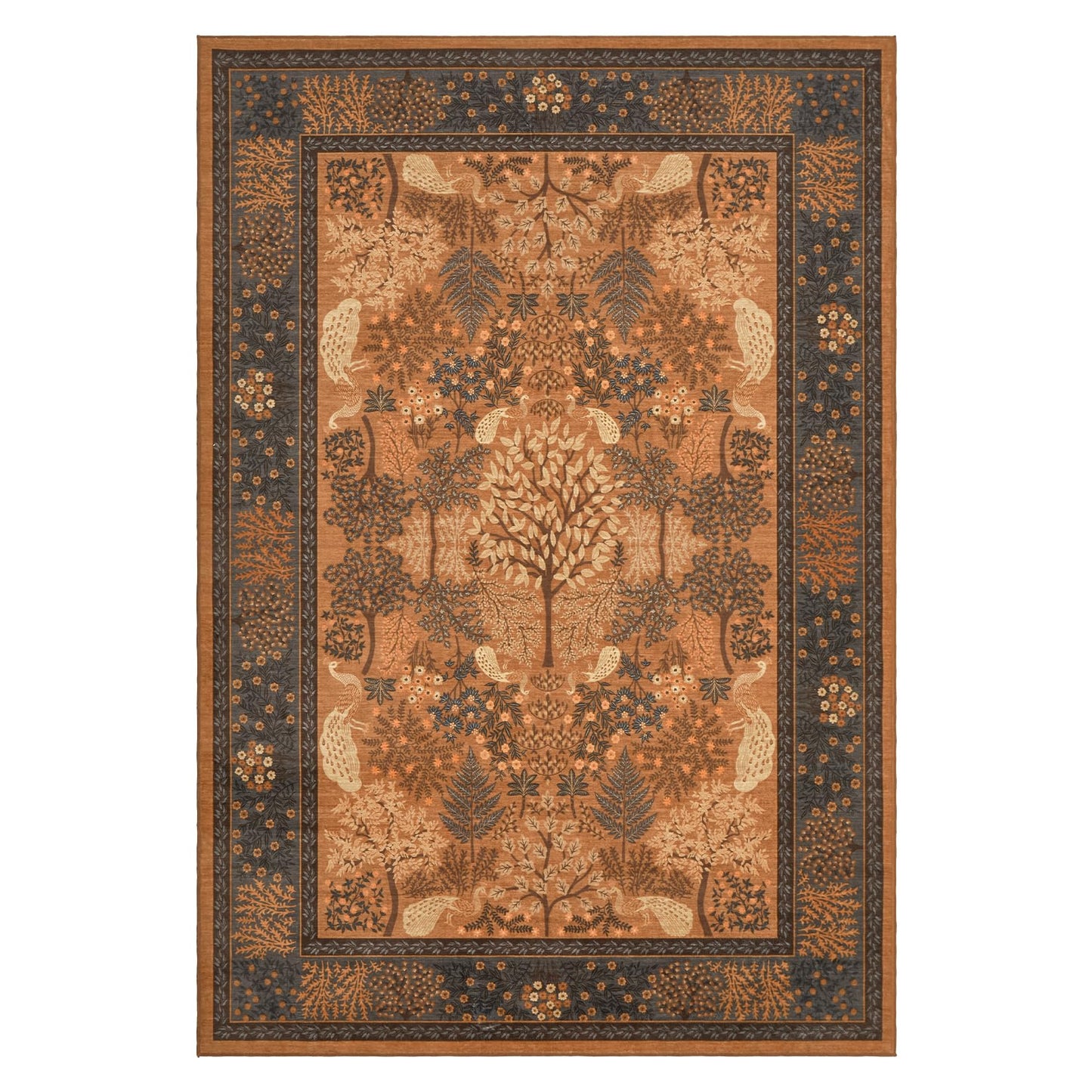 Garvee 5x7 Forest Area Rug Washable Rugs for Living Room, Soft Low Pile Non Slip Peacock Animal Print for Bedroom Farmhouse Throw Rug Indoor Carpet Dining Room Playroom Decor, Terracotta Orange