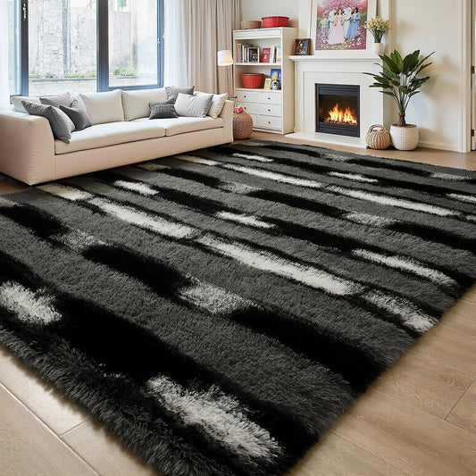 FALARK Fluffy Area Rugs for Bedroom Living Room, 4x6 Black and Grey Soft Plush Striped Rug, Modern Indoor Non Slip Washable Carpet, Furry Throw Carpets for Home Decor