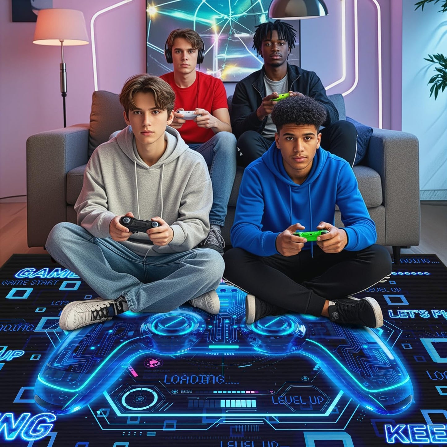 Gaming Rugs for Boys Bedroom - 3D Cyberpunk Blue Gamer Area Rug for Living Room,Teens Room, Kids Playroom, Gamer Rugs Gaming Room Non-Slip Floor Mat Video Games Area Carpets 71×47 Inches