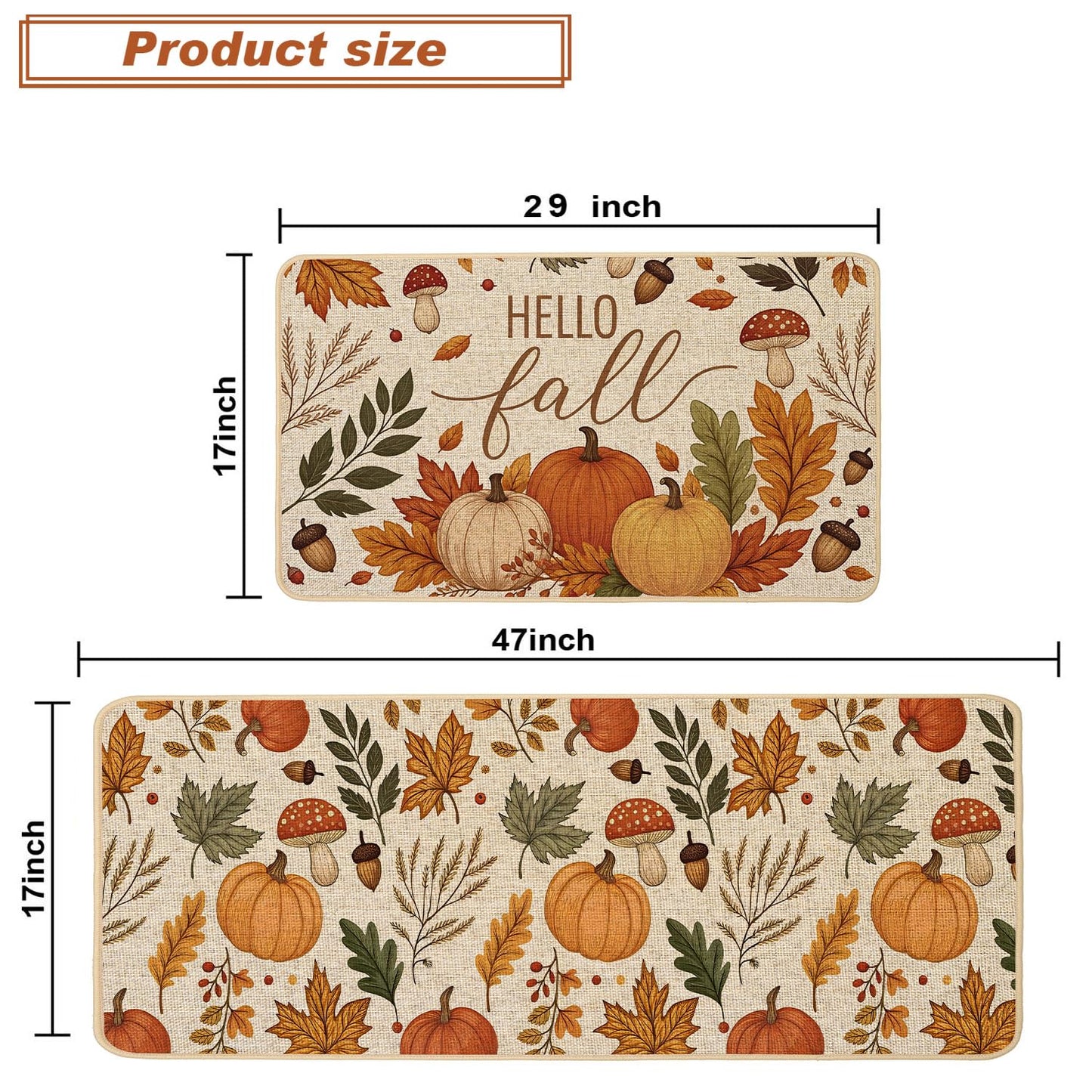 Baccessor Fall Kitchen Rugs Set of 2, Pumpkin Mushroom Kitchen Mats for Floor Washable Low-Profile Farmhouse Autumn Holiday Home Indoor Outdoor Decor 17x29 and 17x47 Inch