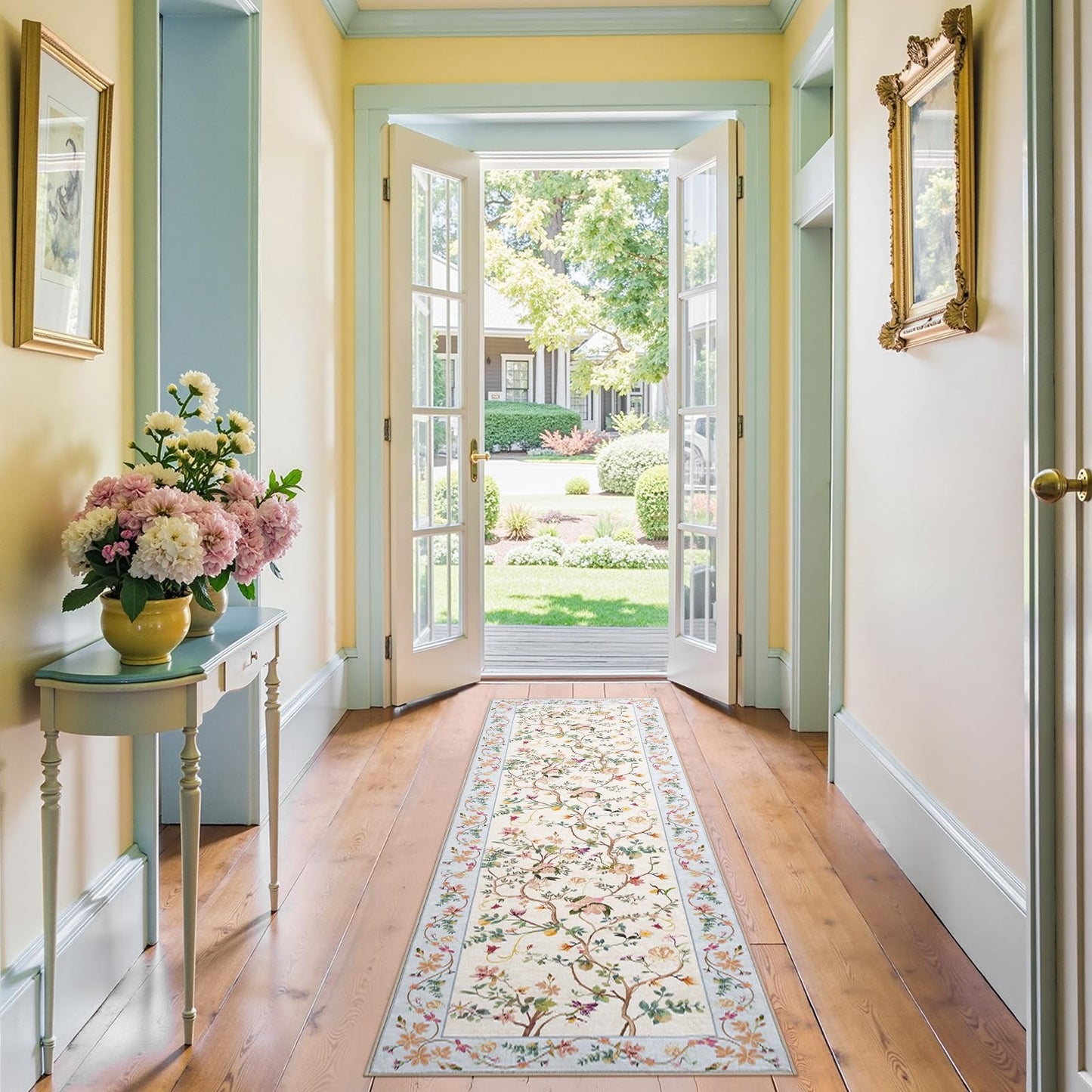 jinchan Floraison Hallway Runner 2x6 Multi Floral Soft Machine Washable Rug Non Slip Low Pile Boho Stain Resistant Botanical Rugs for Bedroom Kitchen Floor Living Room Beige/Blue