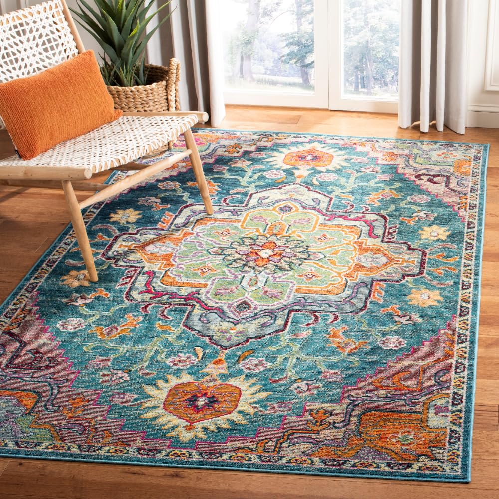 SAFAVIEH Crystal Collection Area Rug - 6'7" x 9'2", Teal & Rose, Medallion Distressed Design, Non-Shedding & Easy Care, Ideal for High Traffic Areas in Living Room, Bedroom (CRS501T)