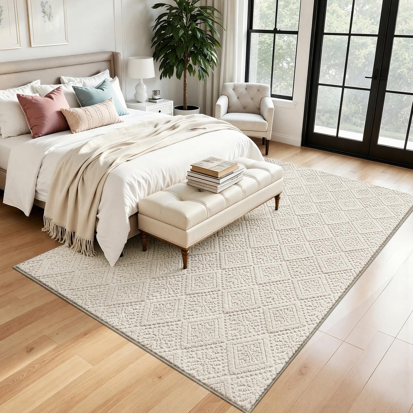 U'Artlines 5x7 Beige Washable Area Rug for Living Room, Soft Fluffy High Low Textured Carpet, Modern Neutral Geometric Non Slip Rugs for Bedroom Dining Room Kids Room