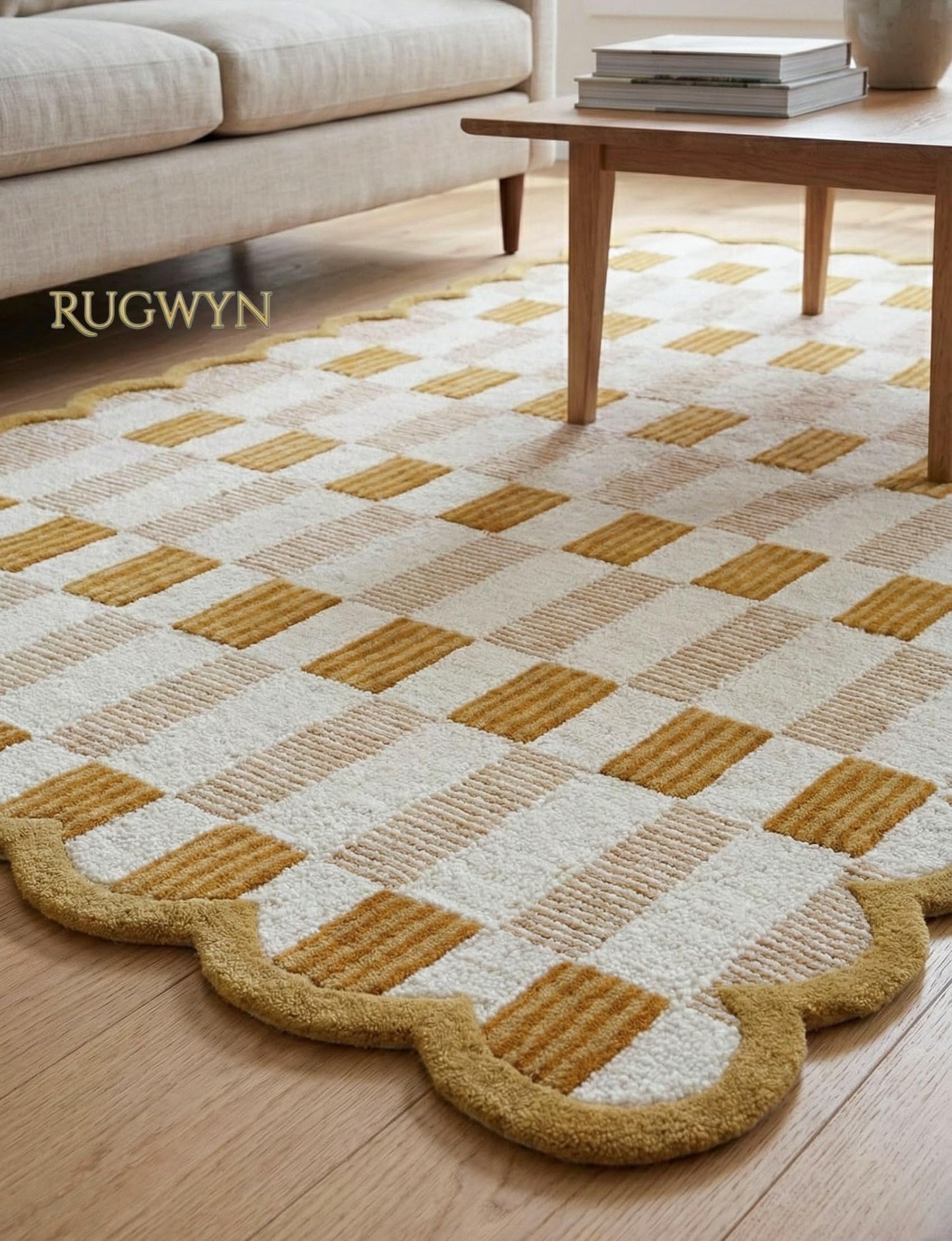 RUGWYN Hand-Tufted Scalloped Wool Area Rug, Modern Plaid Checkered Pattern, Soft & Durable Cozy Accent Rug for Living Room, Bedroom & Nursery, Handmade Decorative Carpet (Neutral, 5' x 7')