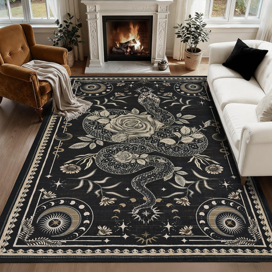 Yinhua Snake Living Room Rug 5x7 Rug Washable Gothic Rugs Non Slip, Soft Area Rugs Low Pile, Faux Wool Goth Carpet for Living Room, Bedroom, Dining Room, Black