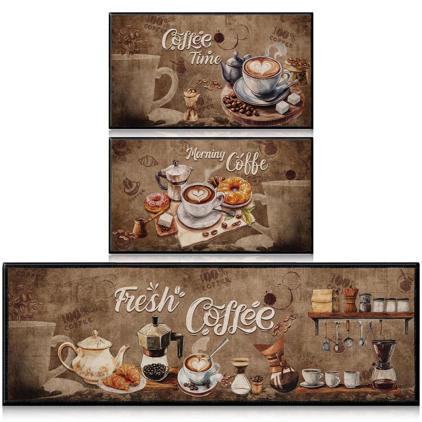 InIsaJace Coffee Rugs for Kitchen Floor, Kitchen Mats for Floor 3 Pieces Non-Slip, Absorbent Washable Runner Rugs Farmhouse Style Kitchen Bar Mat(16x28 +16x47)