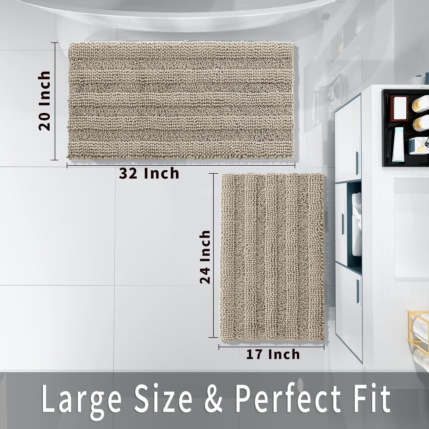 Yimobra Bathroom Rug Set 2 Piece, Soft Absorbent Chenille Bath Mat Set, Non Slip Machine Washable Quick Dry, Plush Shower Rugs for Bathroom Floor Sink Tub and Shower Outside, 32"x20"+24"x17", Camel