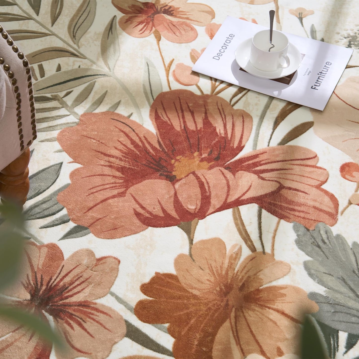 jinchan Renouveau Floral Area Rug 5x7 Oval Rug Living Room Washable Modern Oriental Flower Print Non Slip Carpet for Bedroom Dining Room Entryway Home Office Pink/Grey