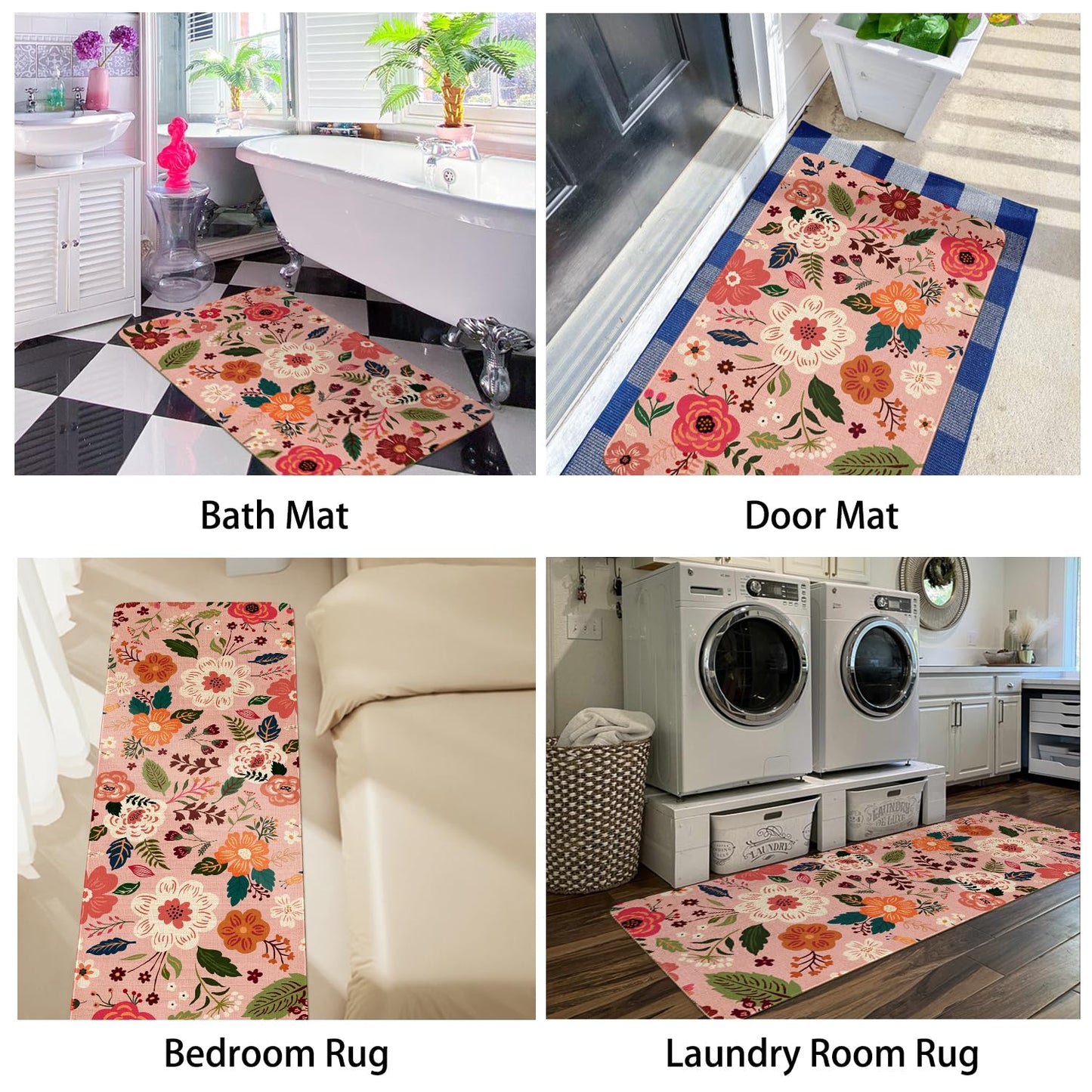 Xsinufn Boho Floral Kitchen Mat Set of 2,Modern Farmhouse Flowers Kitchen Rugs and Mats Non Skid Washable,Spring Summer Bohemian Kitchen Runner Rugs with Rubber Backing (Pink 17"x47"+17"x30")