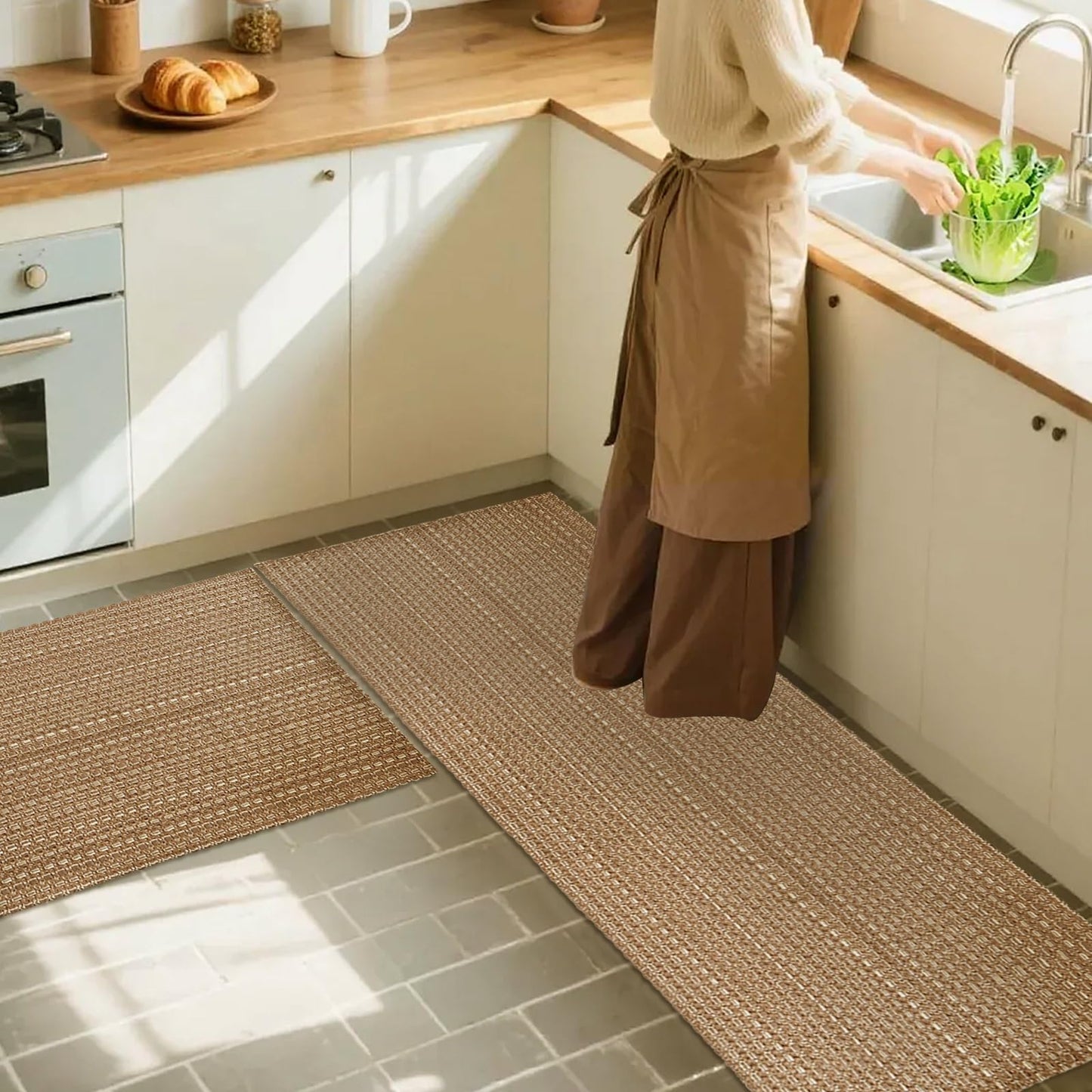 winolive Kitchen Rugs,Kitchen Mats for Floor,Non Slip Washable 20"x 30"+20"x 48" Neutral Braided Rug,Faux Jute Rug with Non Slip Backing for Kitchen,Solid,Easy Clean,Area Rugs Sets of 2Pcs,Tan Brown