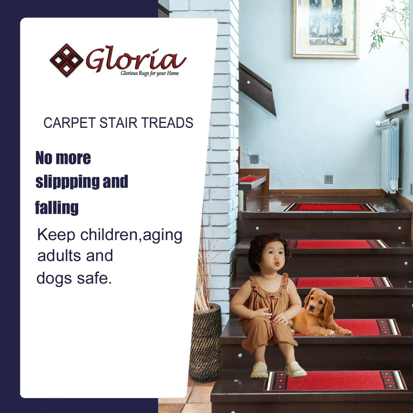 Gloria Rug Non-Slip Rubber Back Stair Treads - Skid Resistant Stair Mats - Set of 7 (8.5" x 26") (7, Stair-1995)