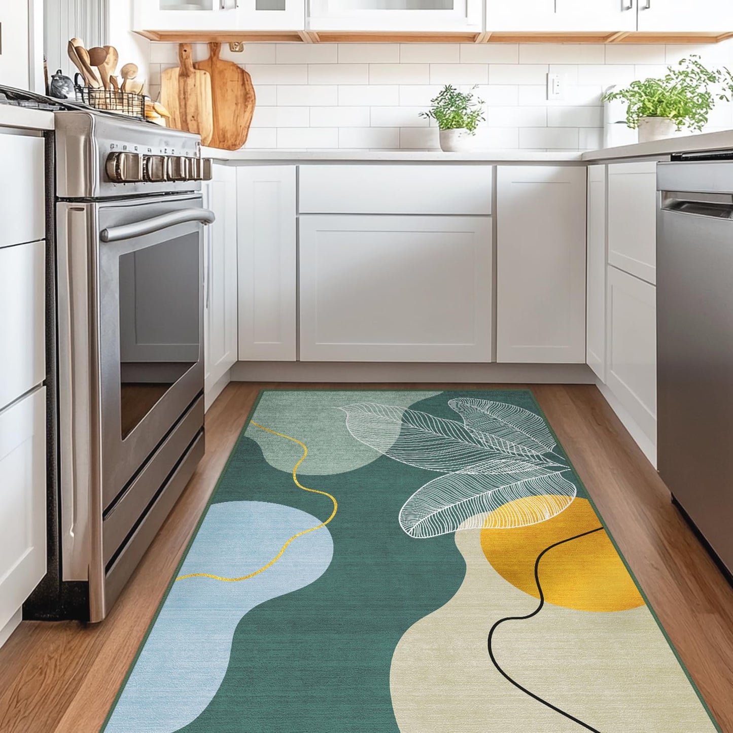 3x5 Green Tropical Area Rug for Living Room, Mid Century Boho Leaf Non-Slip Washable Botanical Print Indoor Floor Carpet, Modern Rugs for Bedroom Dining Room Laundry Room Office