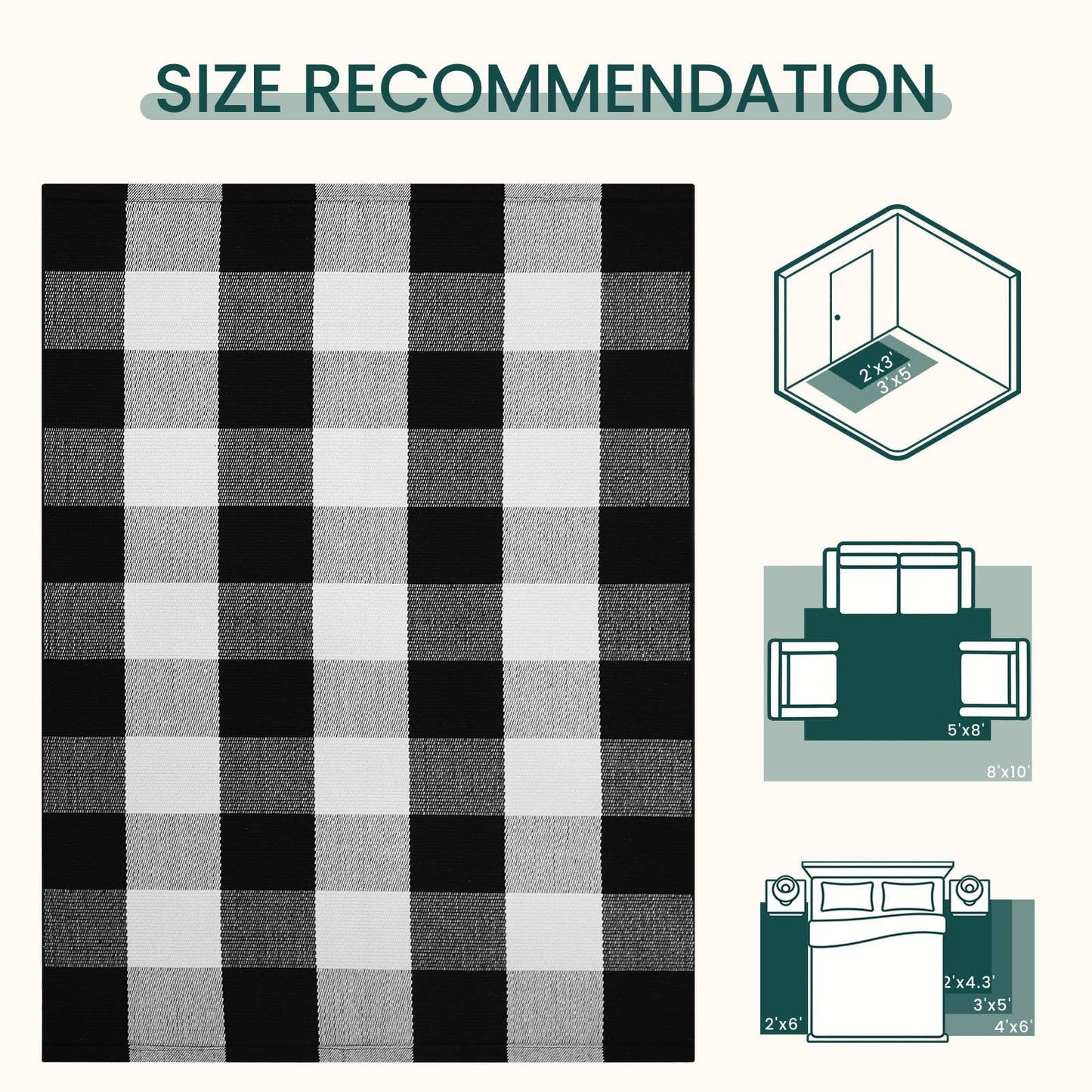 KOZYFLY Buffalo Plaid Area Rug 5x8 Living Room Rug Washable Cotton Black and White Checkered Rugs Outdoor Carpet for Dining Room Bedroom Farmhouse Patio Rugs