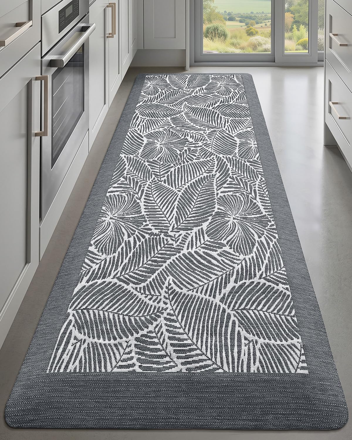 LUMI 0.9" Extra Thick Anti Fatigue Kitchen Floor Mat, High-Density Foam Standing Desk Mat, Tropical Fern Leaf Pattern, Waterproof Non-Slip Comfort Mat for Sink, Office, Laundry, 20"x48", Leaf Grey