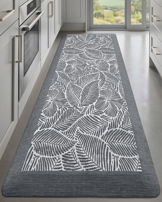 LUMI 0.9" Extra Thick Anti Fatigue Kitchen Floor Mat, High-Density Foam Standing Desk Mat, Tropical Fern Leaf Pattern, Waterproof Non-Slip Comfort Mat for Sink, Office, Laundry, 20"x48", Leaf Grey