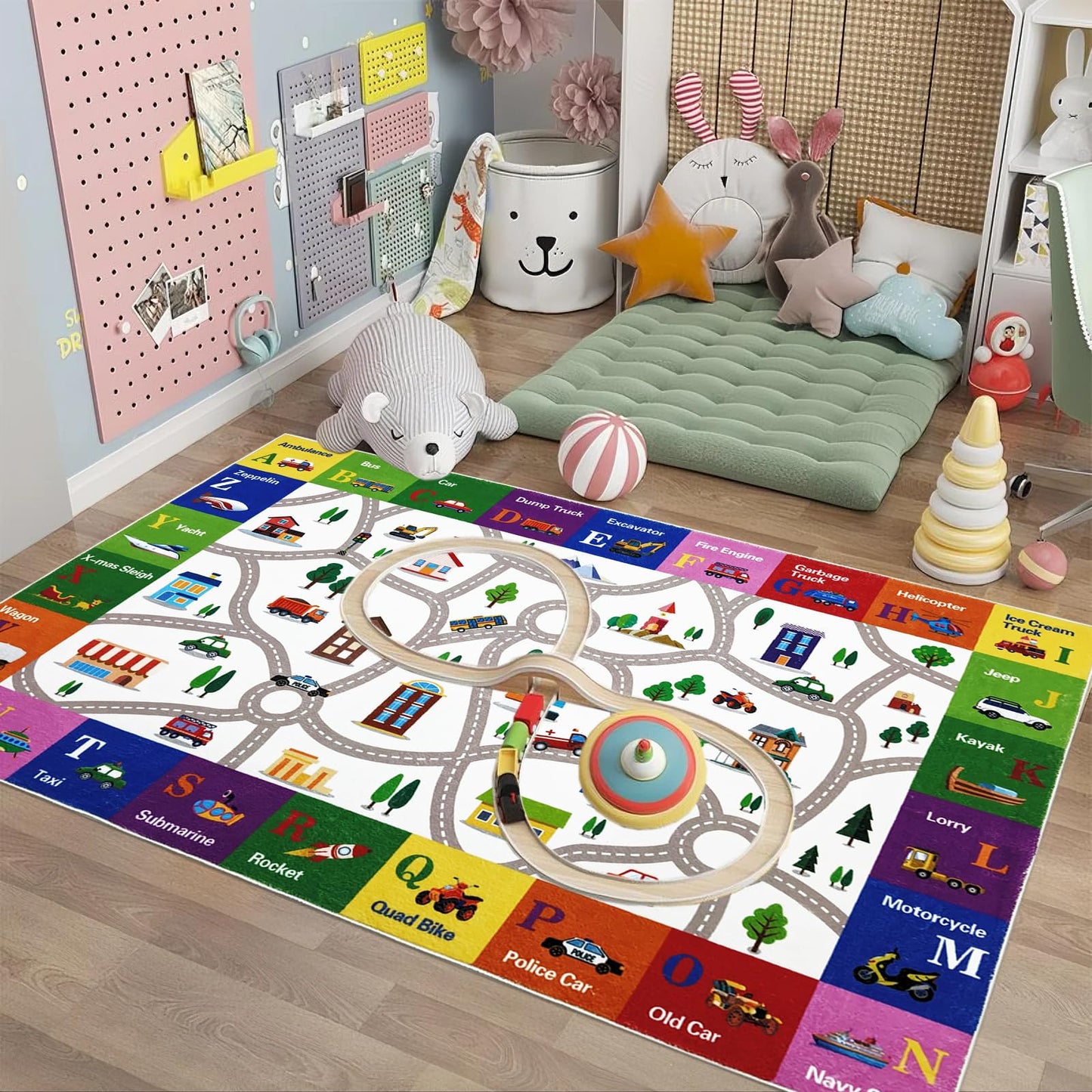 Lacomfy Kids Rug 4x6Ft ABC Car Road Map Play Mat Carpet for Boys Girls Bedroom Playroom Classroom, Vehicles & Alphabet Town Track Learning and Educational Children Area Rug, Nonslip, Indoor Decor