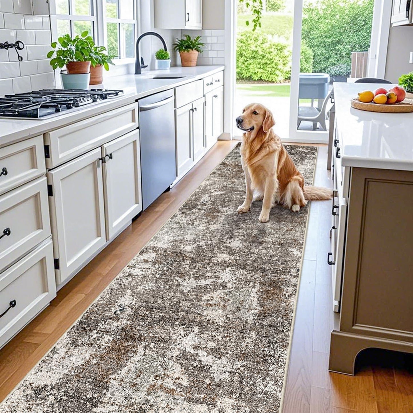 3x10 ft Long Hallway Runner Rug – Non-Slip Washable Kitchen Floor Rug with Rubber Backing, Modern Low Pile Thin Wide Carpet Runners for Bedroom, Entryway Indoor (Brown Beige,3x10)