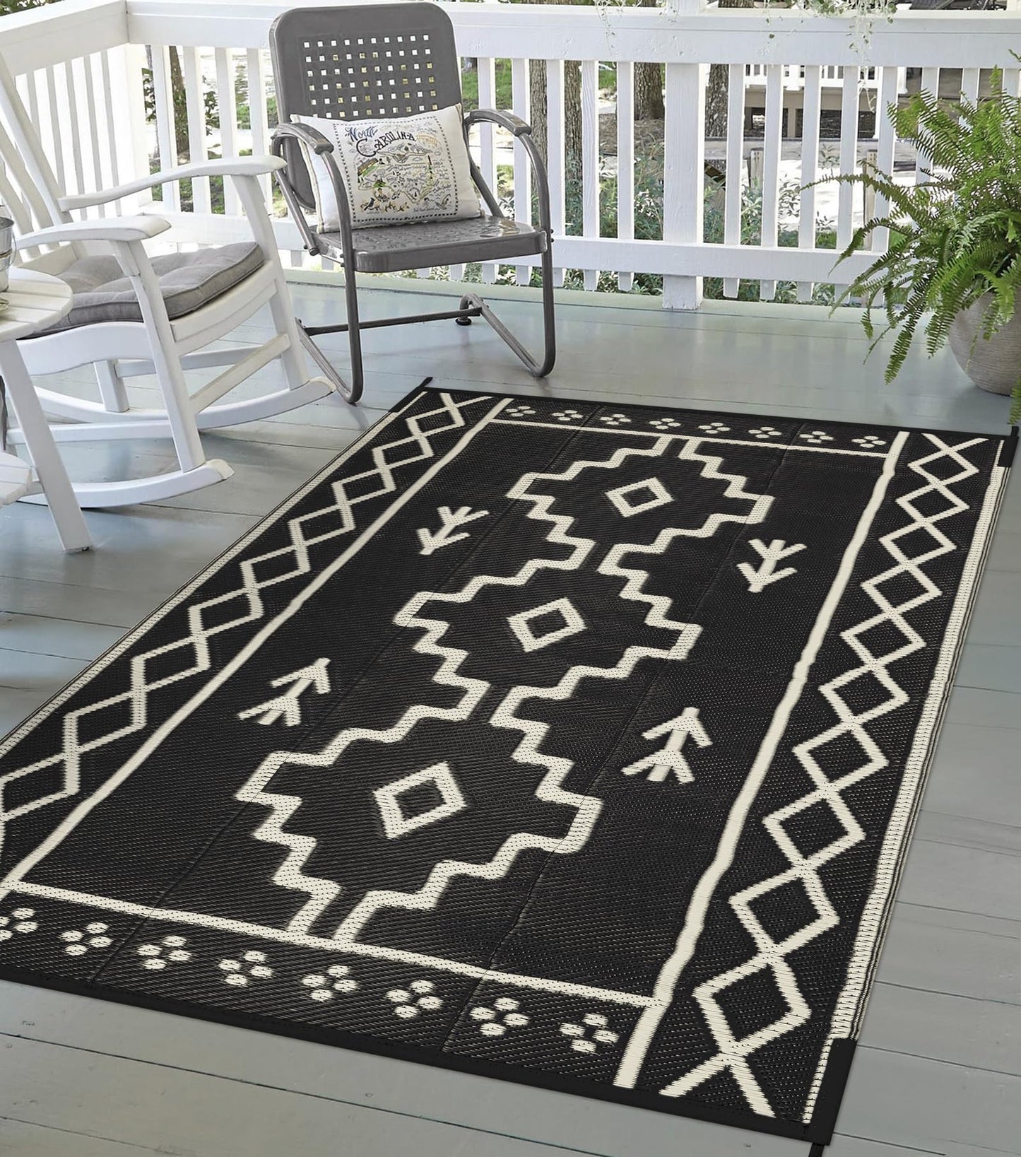 Uphome Outdoor Rug Mat Waterproof 5x8 ft, Reversible Outdoor Plastic Straw Rug, Black Boho Patio Rug, Foldable RV Camping Rug, Indoor Outdoor Area Rug for Backyard Deck Pool Balcony Picnic, 5'x8'