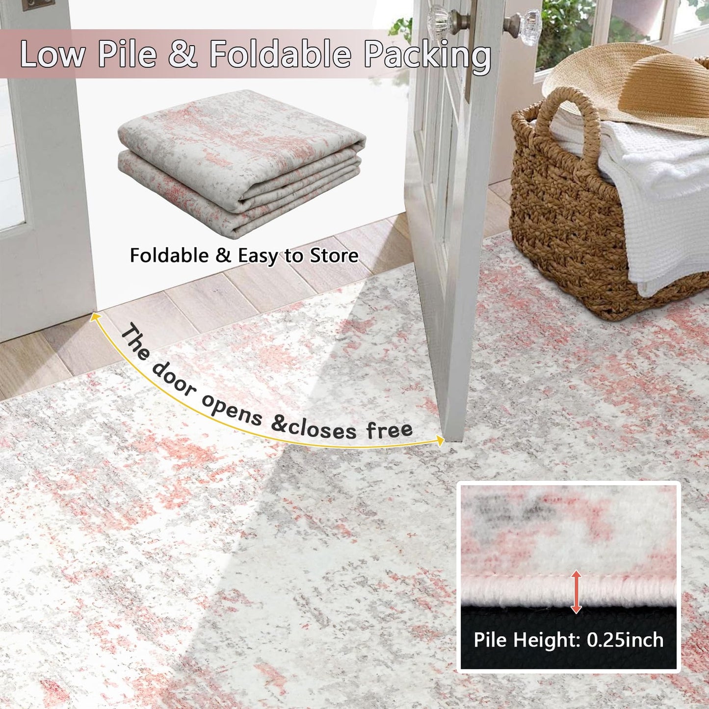 5x7 Washable Modern Abstract Area Rug, Soft Faux Cashmere Low Pile Non-Slip Non-Shedding Carpet for Living Room Bedroom Nursery Girls Room, Grey Pink