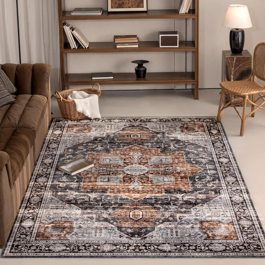 PURE ROMIE 8'x10' Tan/Blue Black Persian Style Medallion Faux Wool Living Room Rug, Non-Slip Washable Extra Large Area Rugs for Dining Room, Bedroom, Low Pile Distressed Print Carpet (Tan/Blue Black)